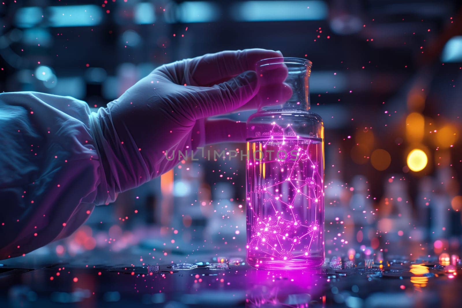 A scientist is adding a purple liquid into a beaker, creating a vivid violet hue. The visual effect lighting turns the scene into an entertaining spectacle during a performing arts event