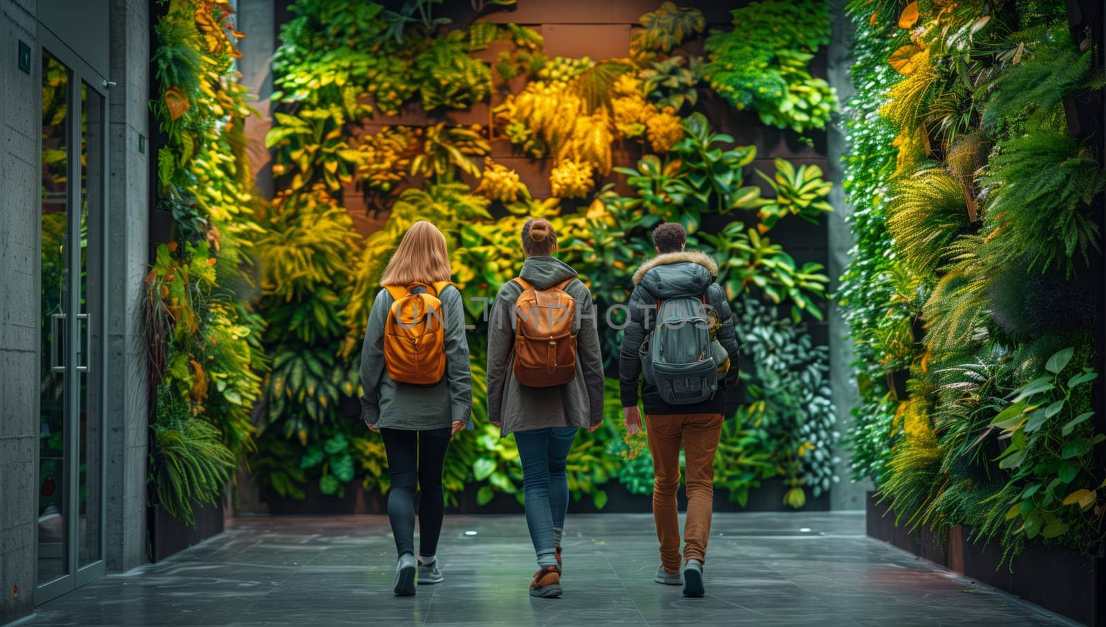 Three people with backpacks are strolling leisurely down a hallway, surrounded by a natural landscape with trees and grass, showcasing a travel event