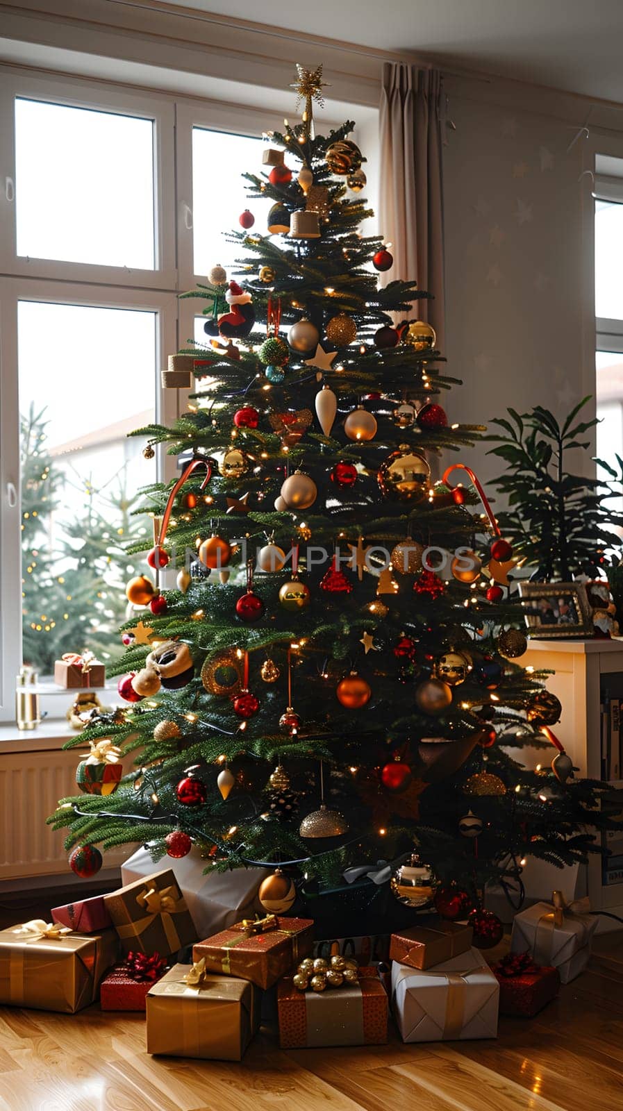 A beautifully decorated Christmas tree with holiday ornaments stands tall in the living room, surrounded by gifts underneath, creating a festive and cozy atmosphere