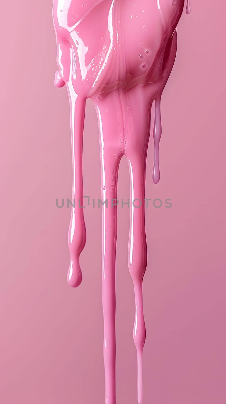 A close up of pink paint dripping on a magenta background, resembling a human body gesture with the colors blending on the arm, leg, knee, and nail