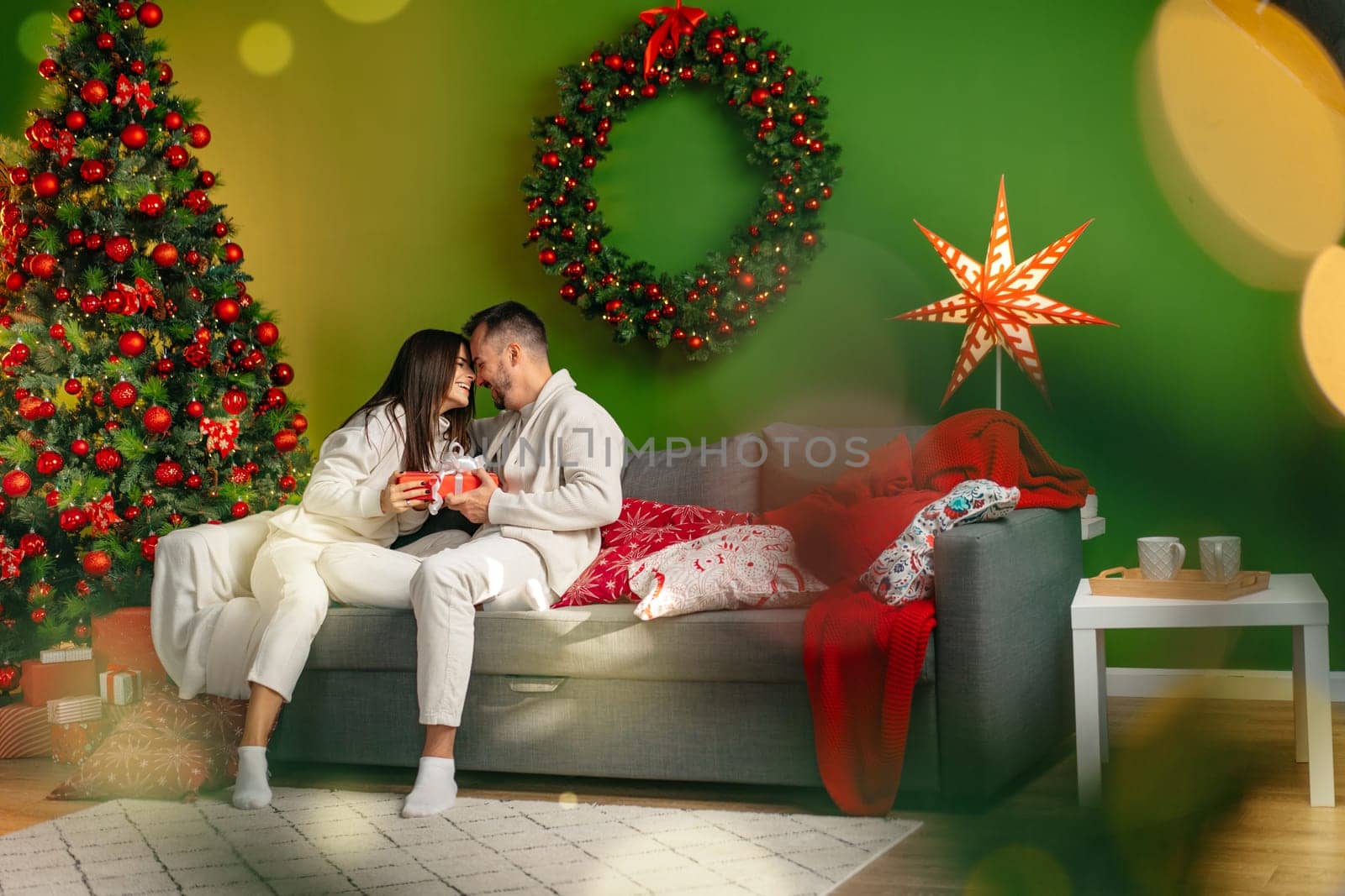 Happy young couple sitting on sofa on Christmas eve at home close up