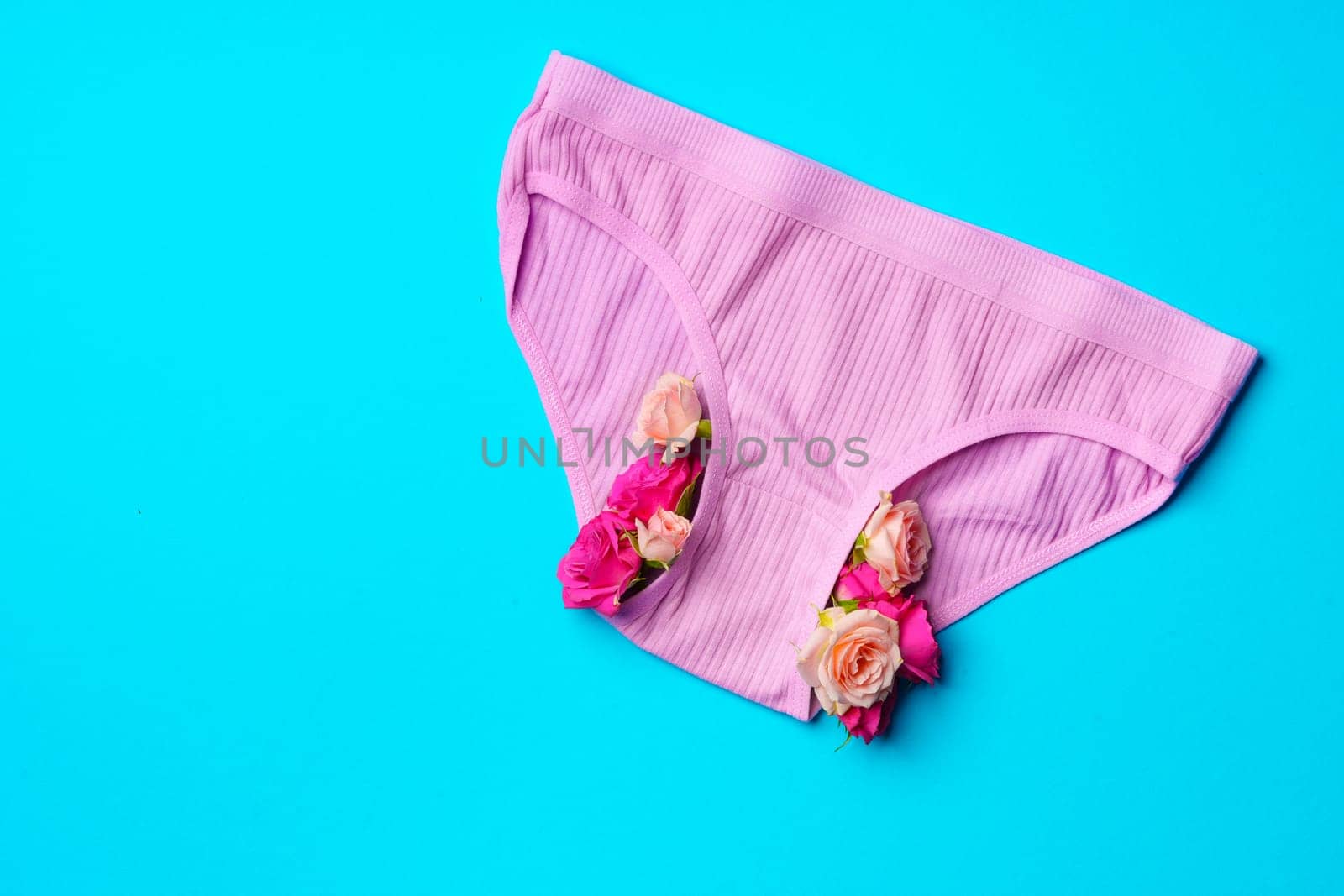 Women's panties with flower buds on paper background studio shot