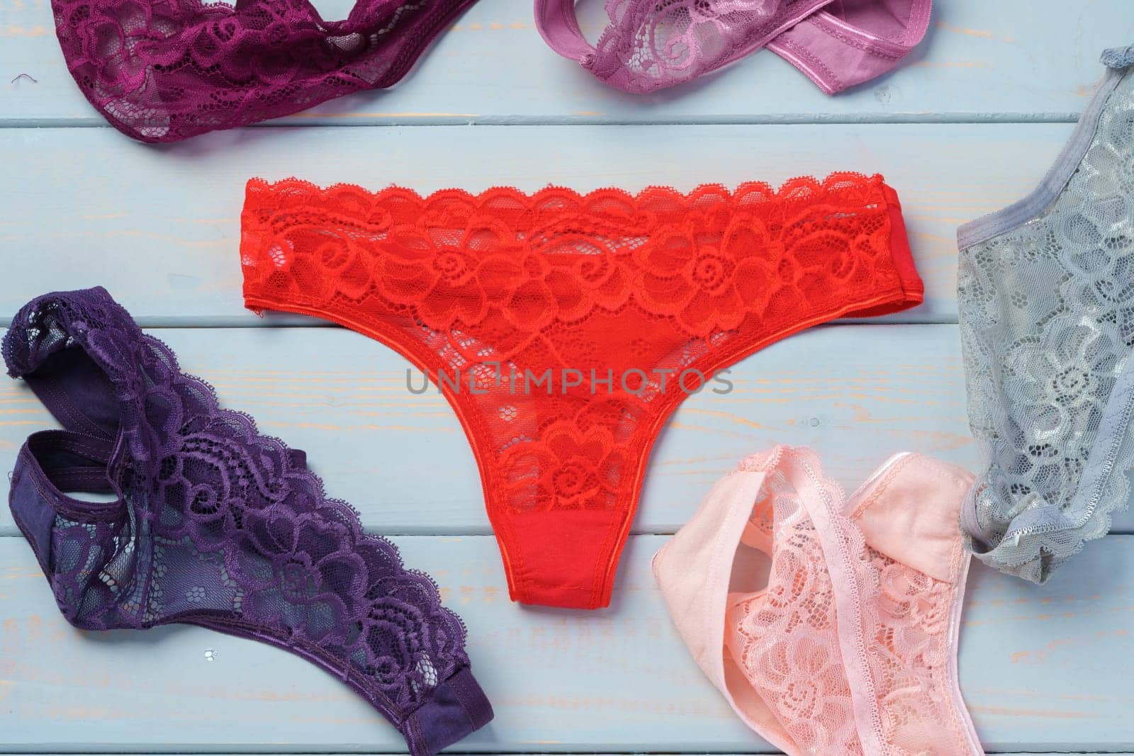 Women's panties set collection for background, top view flat lay