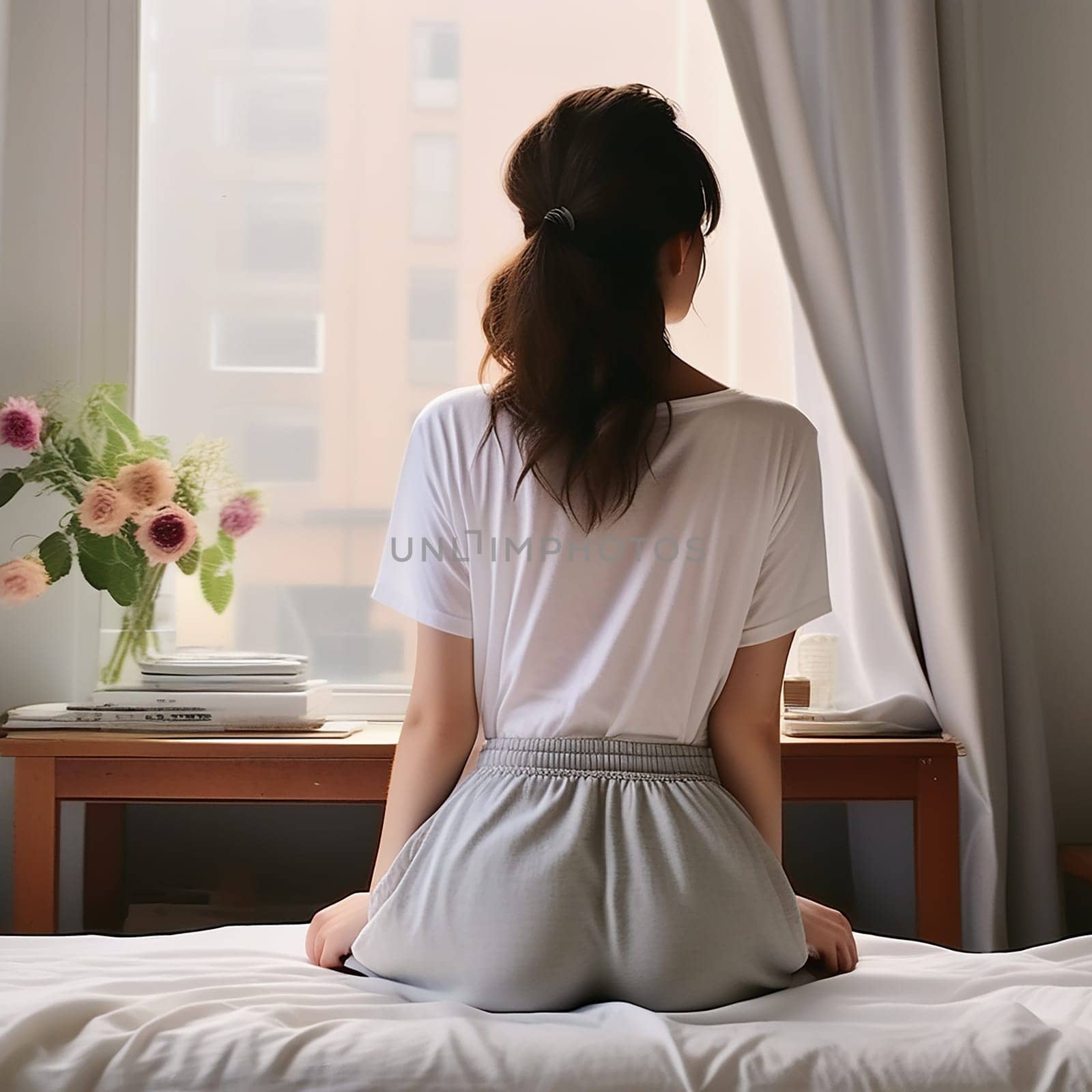 Solitude in Comfort: Woman's Back View on Bed