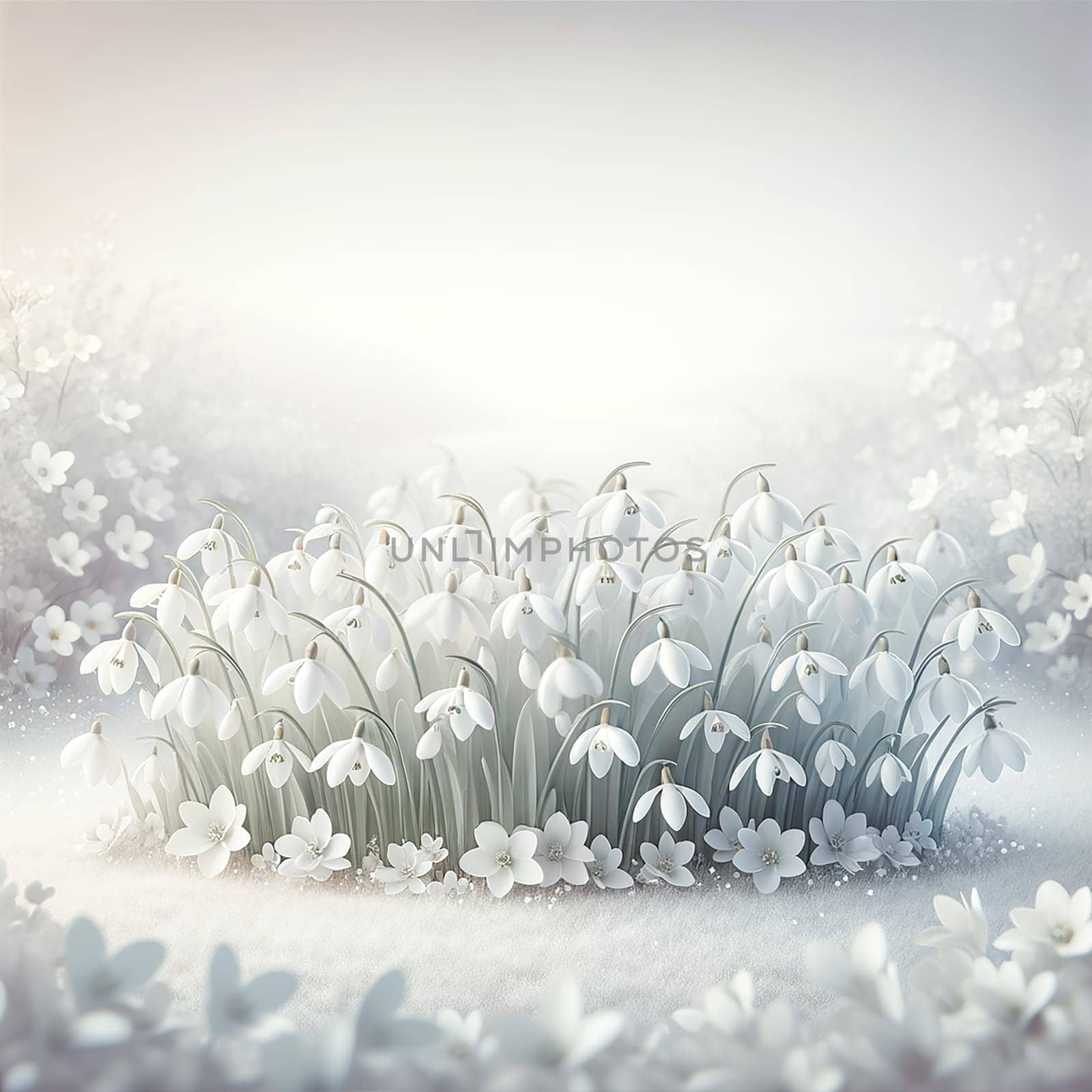 Spring Serenity: Beautiful Snowdrops Blossom on White Panorama by Petrichor