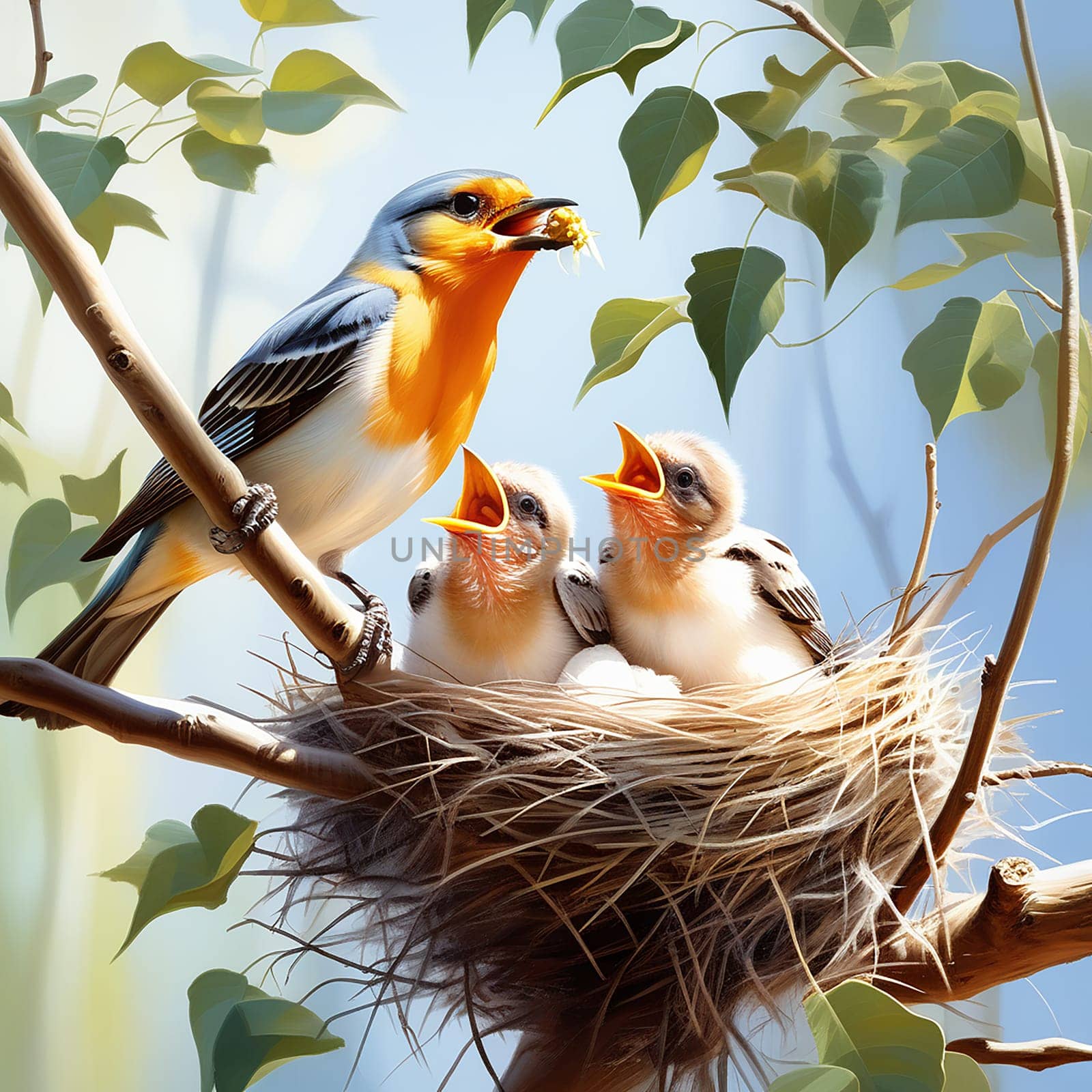 Nature's Nurturers: Birds Feeding Baby in Nest