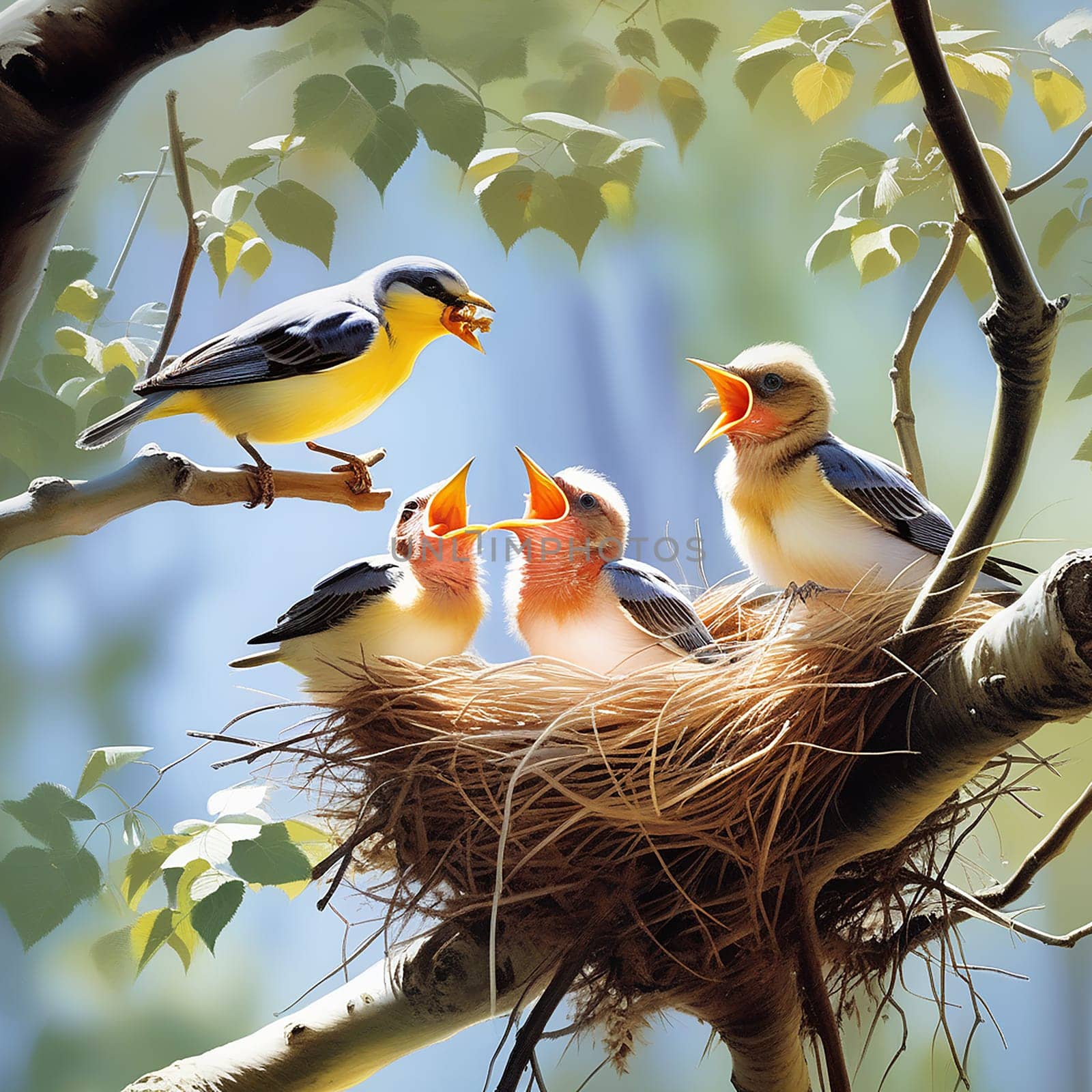 Parental Care: Birds Feeding Their Young in Nest by Petrichor