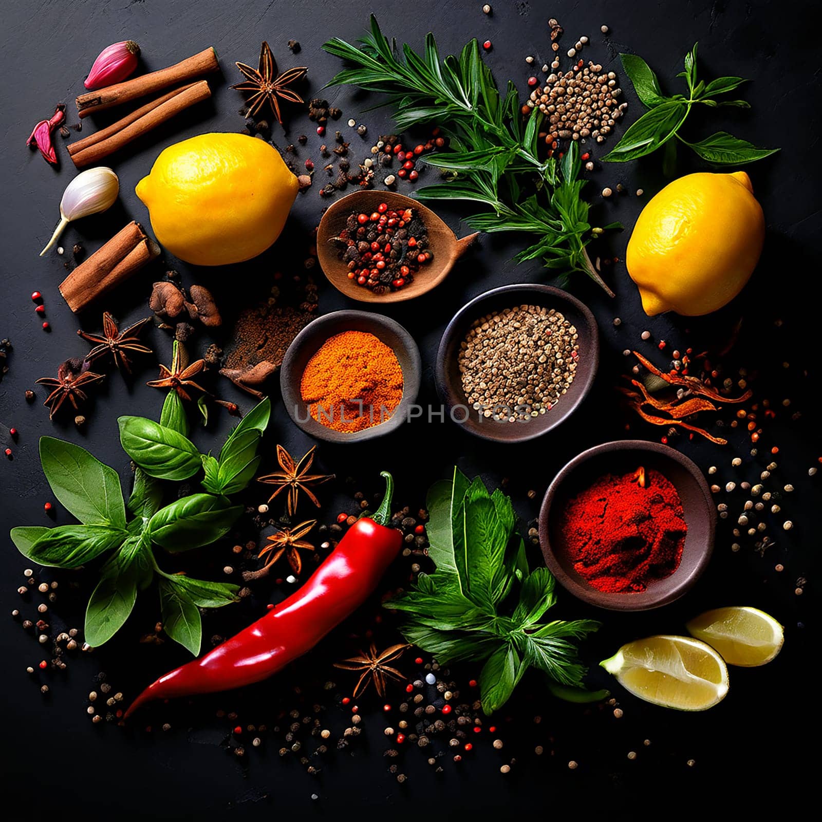 Culinary Delight: Colorful Herbs and Spices on Dark Background by Petrichor