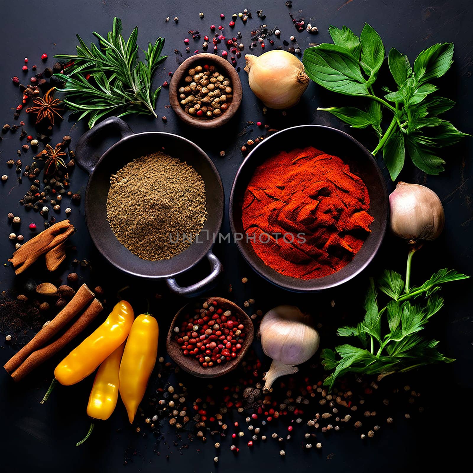 Vibrant Culinary Palette: Colorful Herbs and Spices on Dark Background