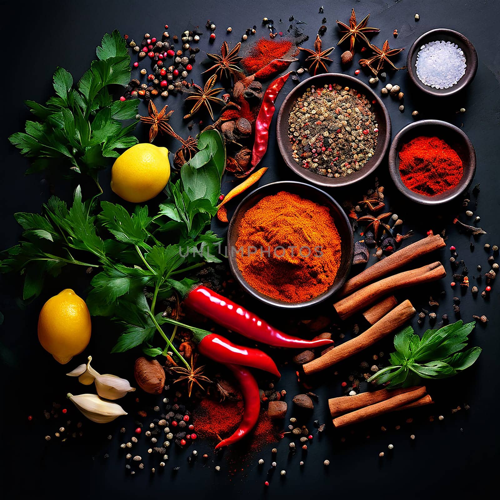 Palette of Taste: Various Herbs and Spices on Dark Background by Petrichor