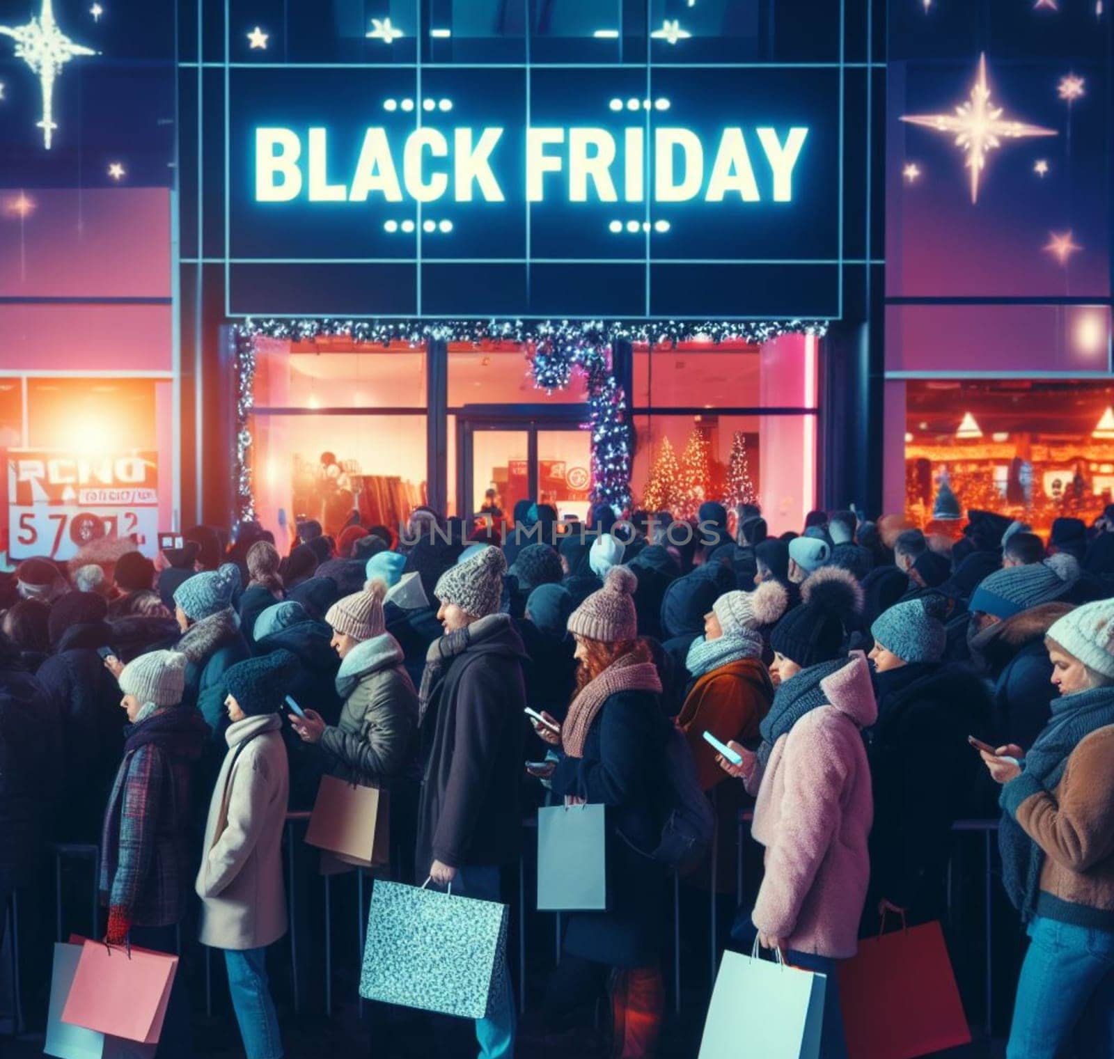 Customers waiting outside a store during Black Friday with festive decorations, ai generated by verbano