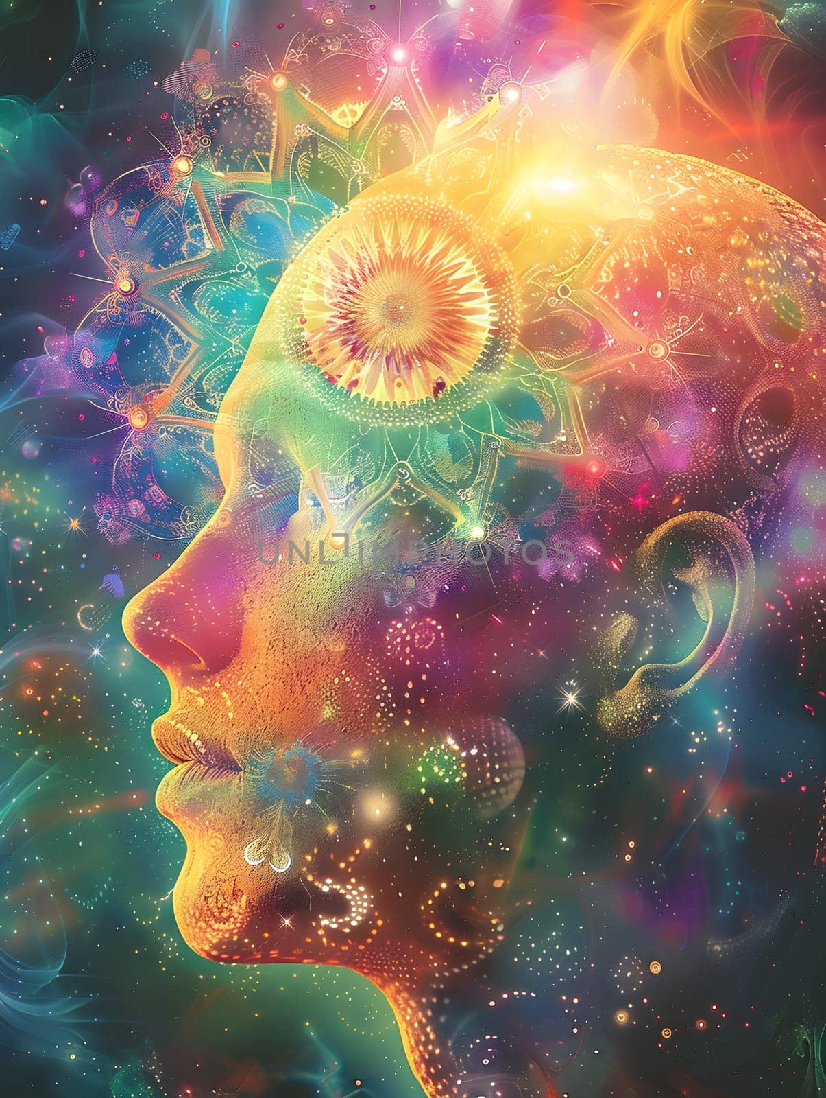 A vibrant painting portraying a womans face with a flower adorning her head, showcasing symmetry and patterns in fractal art style