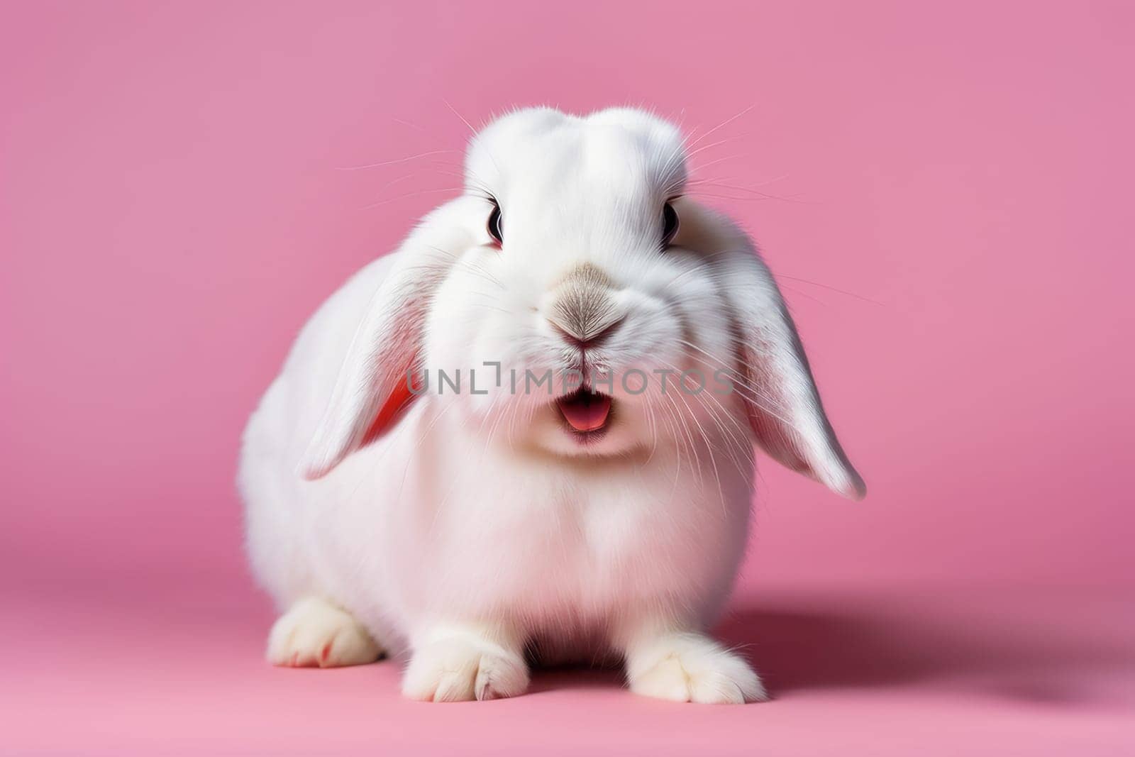 Front view of a white cute bunny standing on a pink background. A remarkable act by a young rabbit