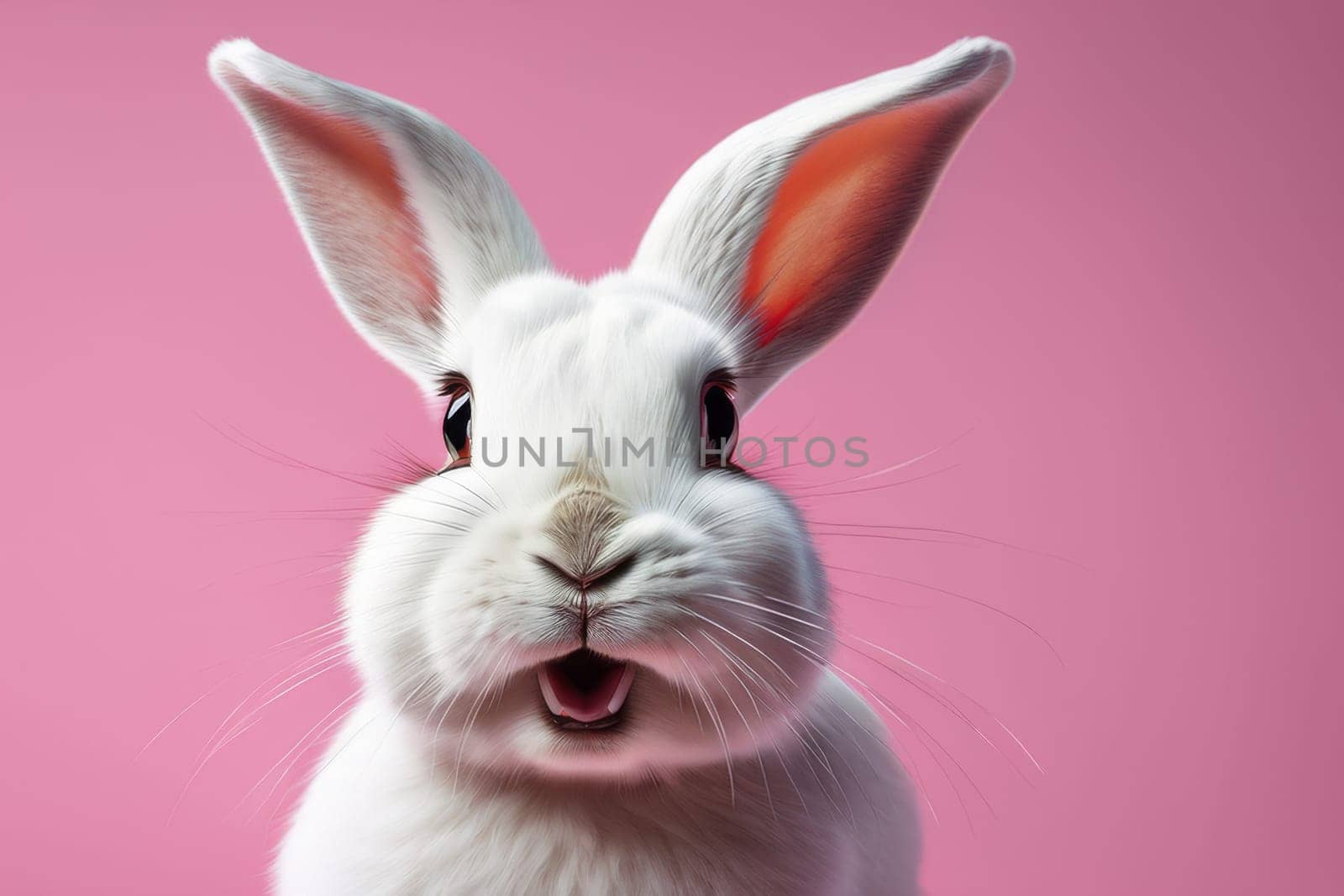 Front view of a white cute bunny standing on a pink background. A remarkable act by a young rabbit