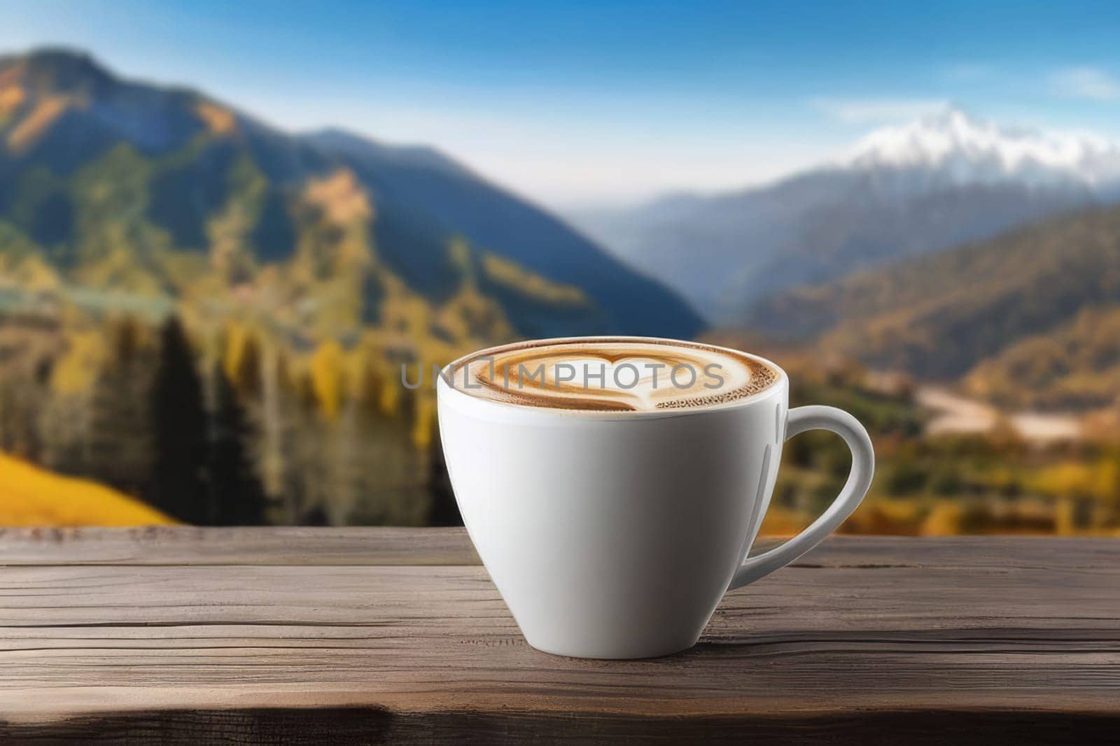 A steaming cup of coffee against the backdrop of autumn mountains. Wooden table and cup of coffee in the mountains in autumn. Autumn season, free time, coffee break, September, October, November concept. by Ekaterina34