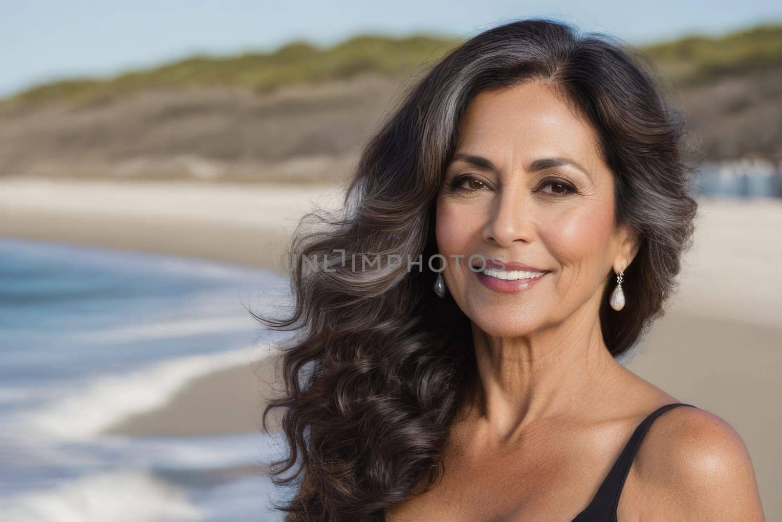 Portrait of a happy fifty-year-old Spanish woman with long hair against the background of the sea by Ekaterina34
