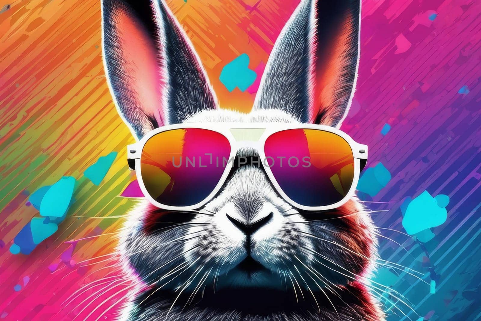 Brutal rabbit in glasses on a multi-colored neon background by Ekaterina34