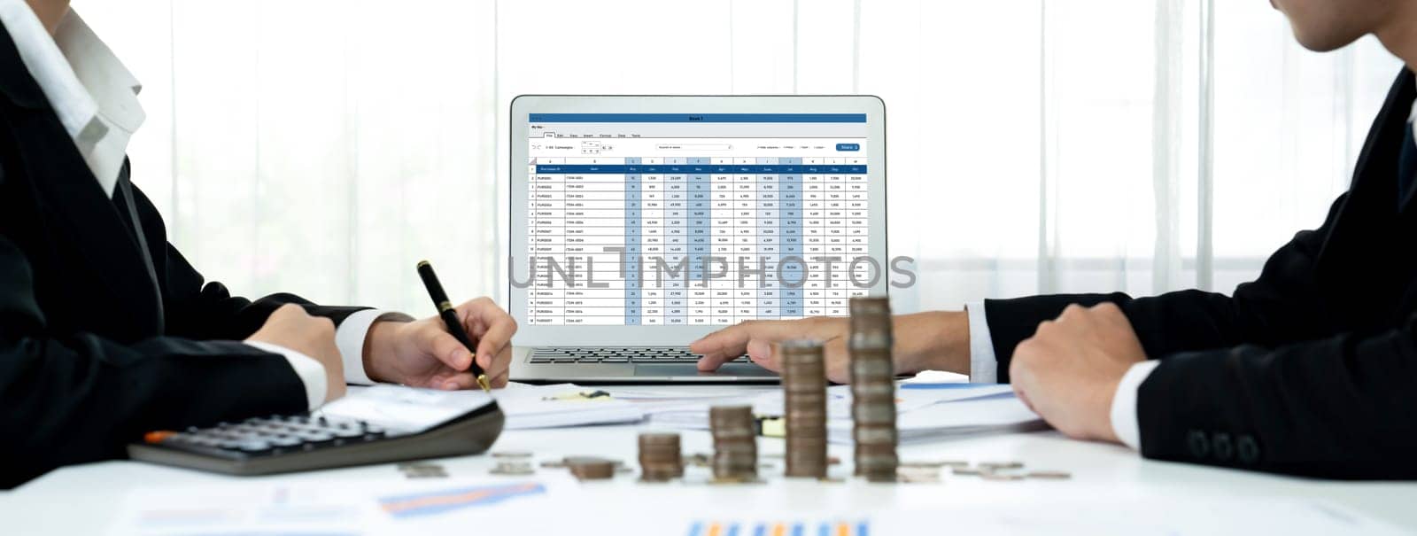 Corporate accountant use accounting software on laptop to calculate and maximize tax refunds and improve financial performance with business investment concept of growth stack coin in panorama. Shrewd