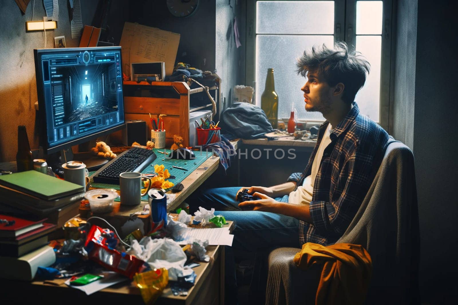 tired teenager playing a computer game in a dirty cluttered room by Annado