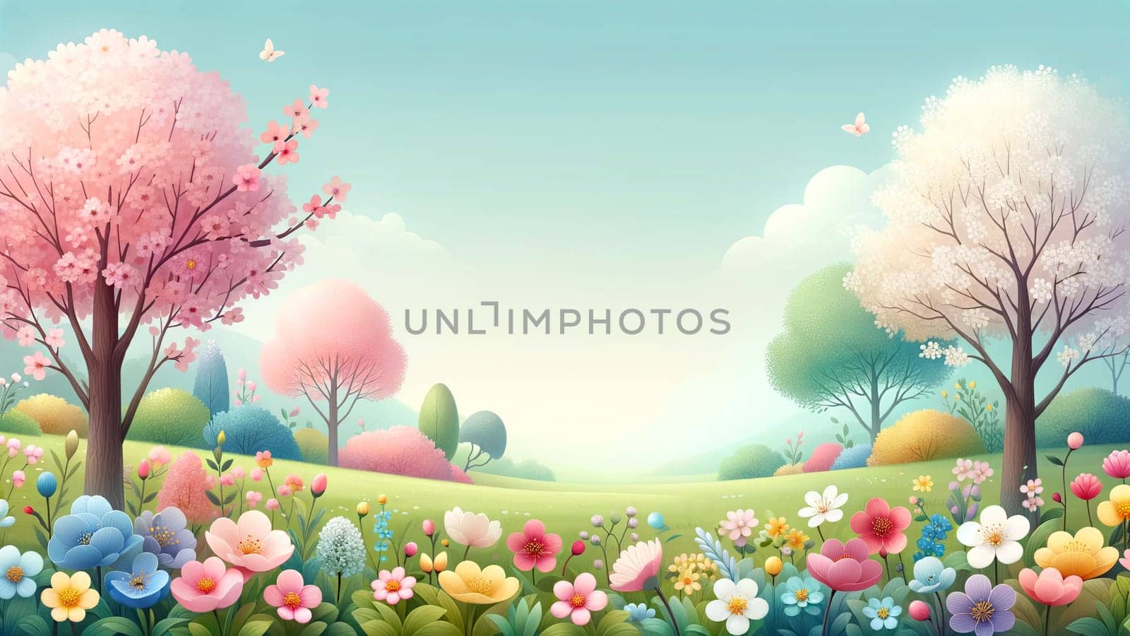 spring landscape with blooming trees and bright flowers, pastel spring background by Annado
