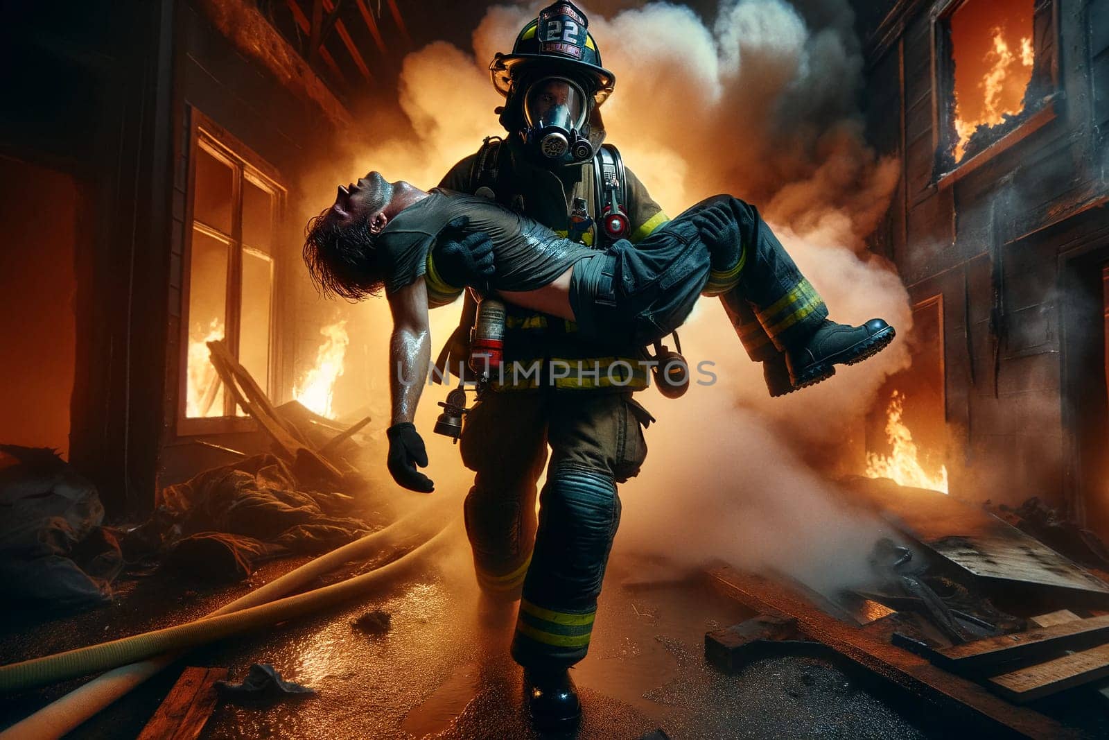 A firefighter in a mask and protective suit carries a victim out of the fire in his arms by Annado