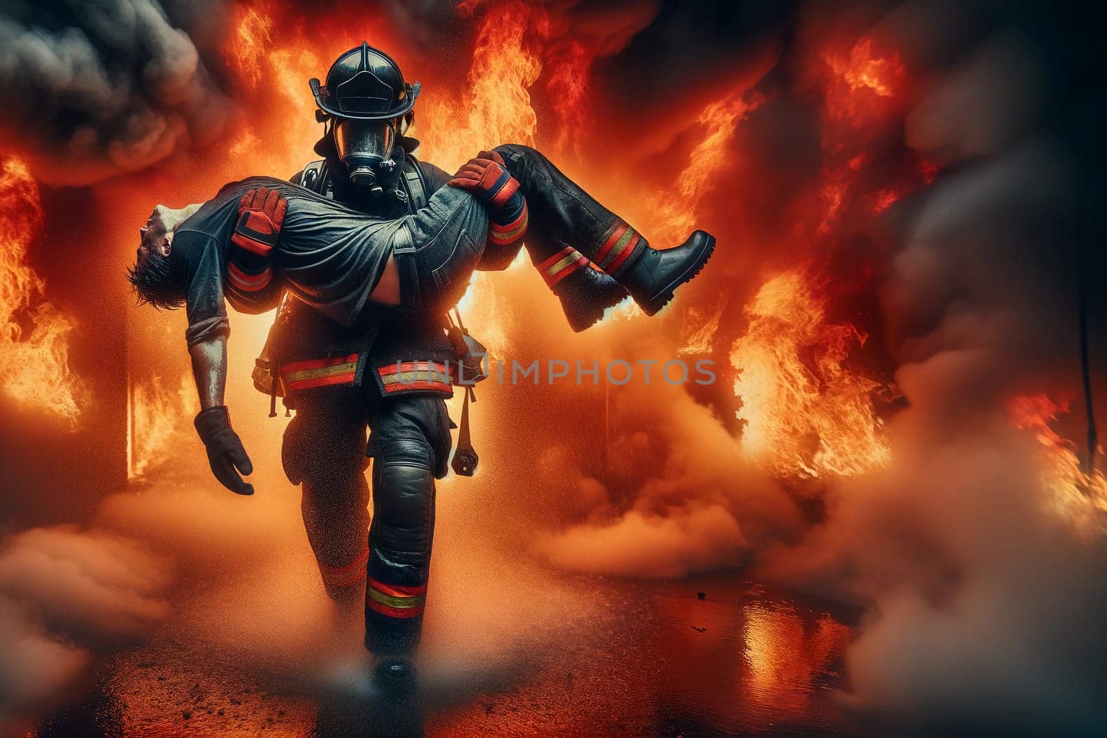 A firefighter in a mask and protective suit carries a victim out of the fire in his arms by Annado
