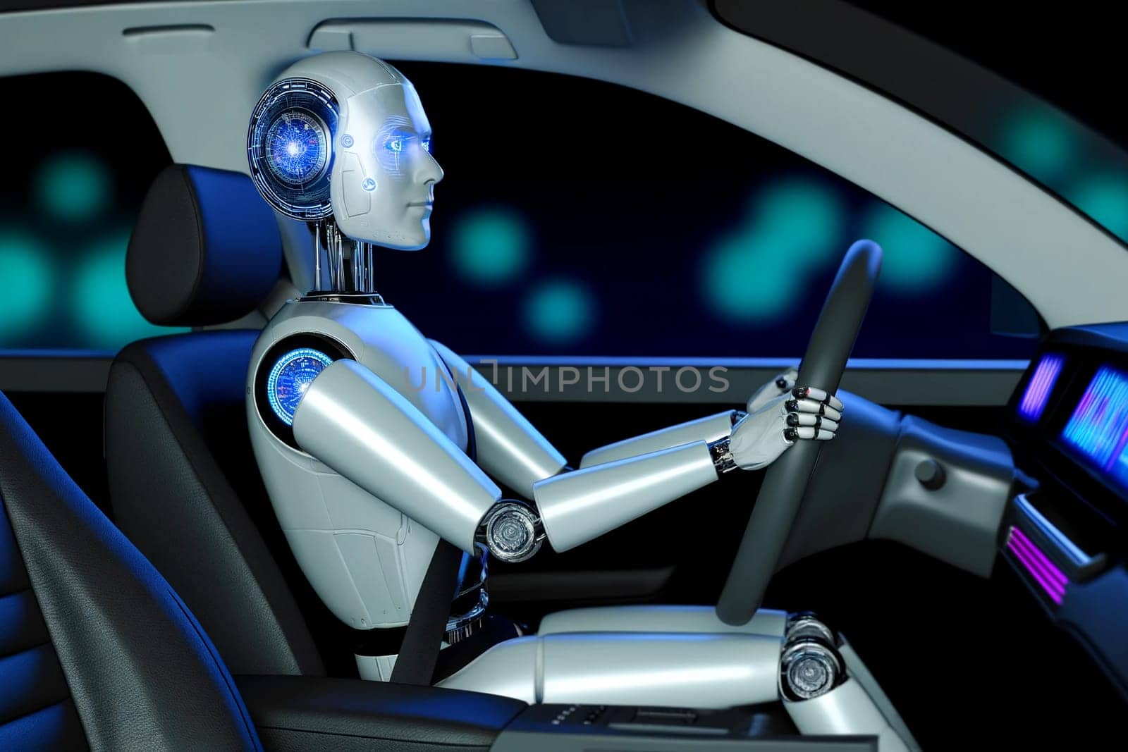 robot driving a car with futuristic interior design.