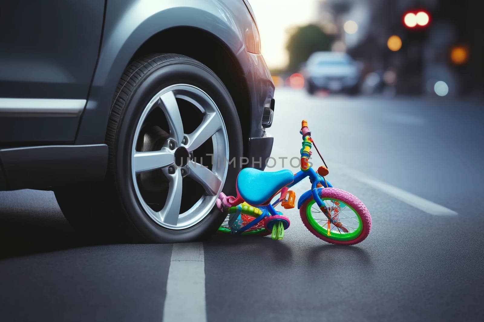 A broken child's bicycle under the wheels of a car, an accident.