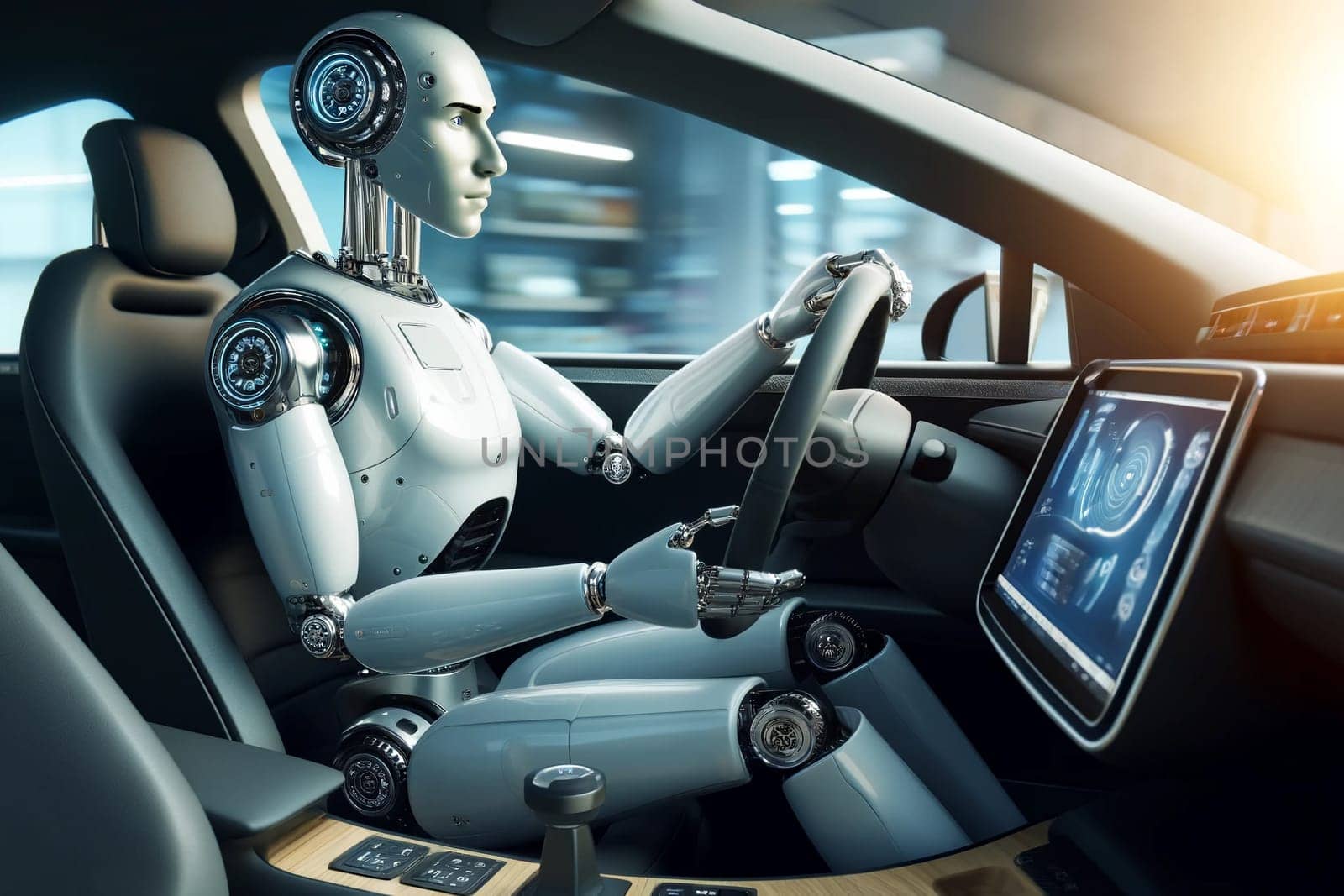 Android robot driving a car with an on-board computer by Annado