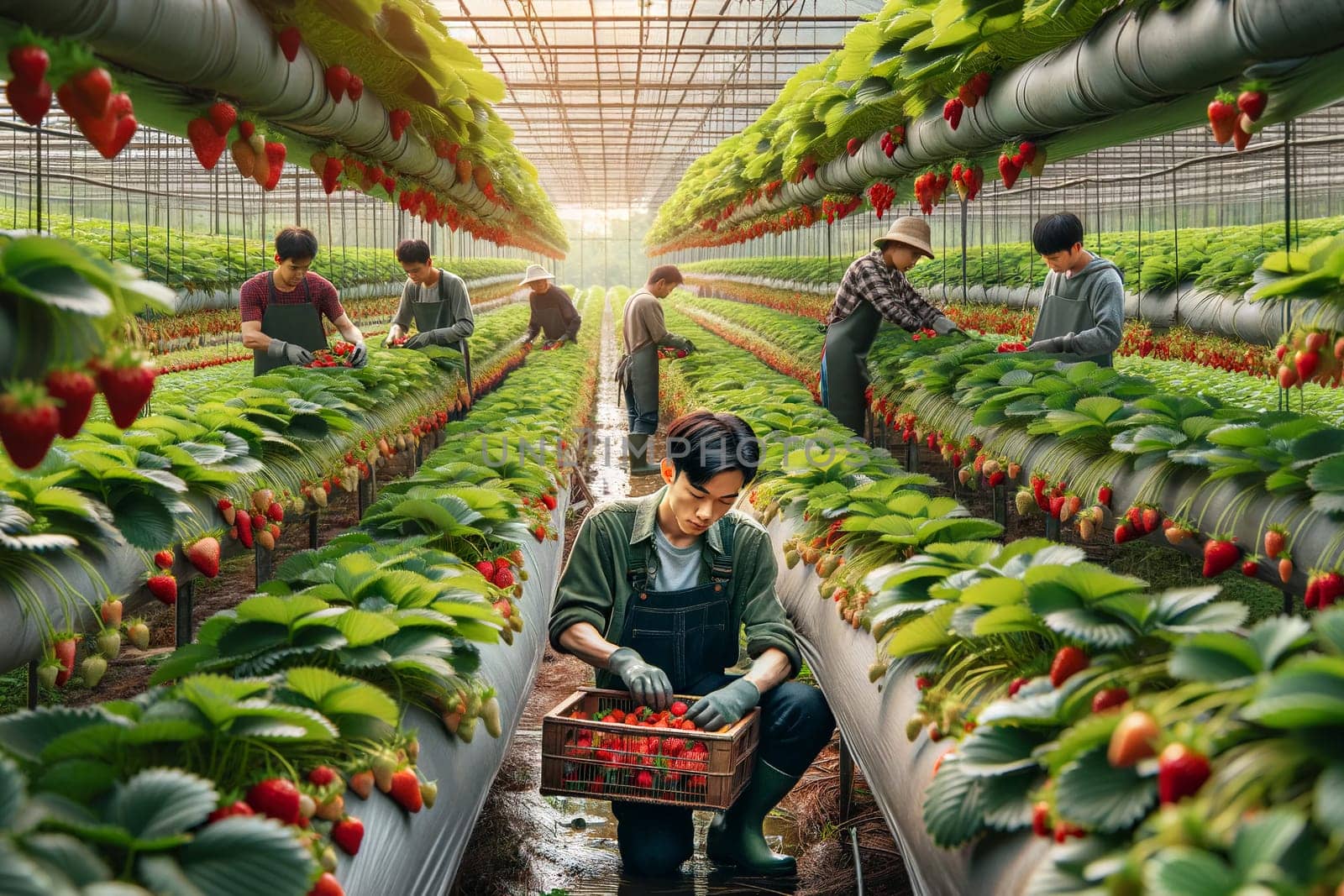 workers harvesting strawberries in a vertical farm greenhouse.