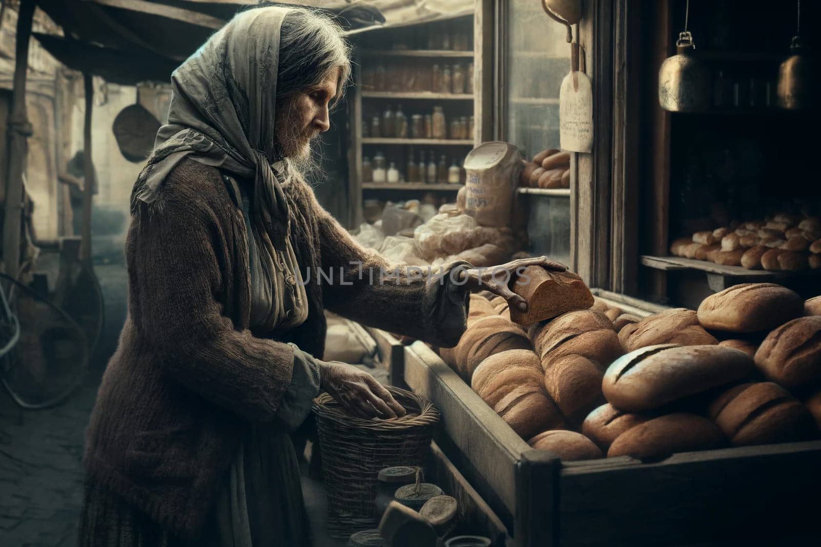 elderly poor woman choosing bread in a traditional bakery by Annado