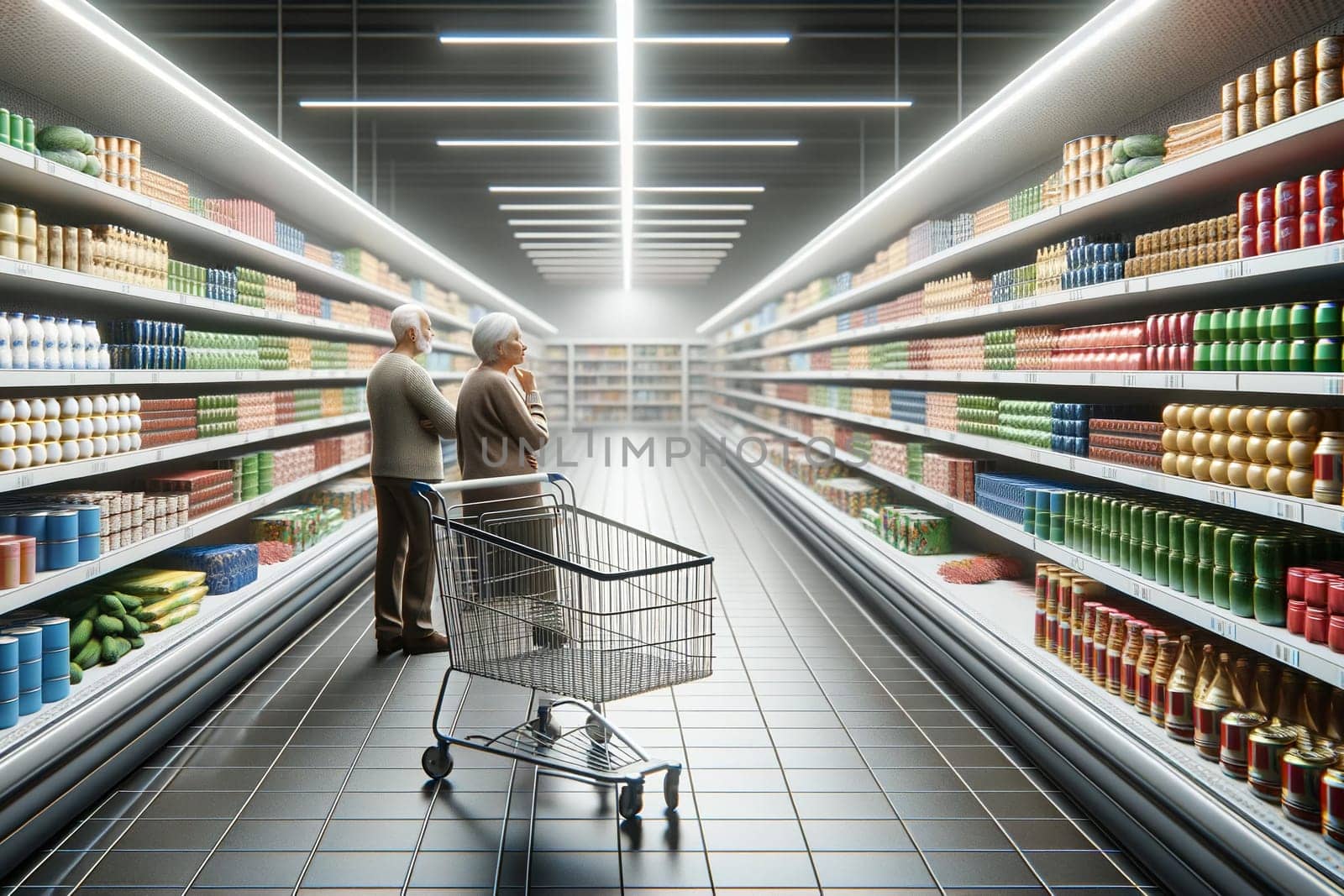 elderly couple with an empty shopping cart choosing groceries in the supermarket by Annado