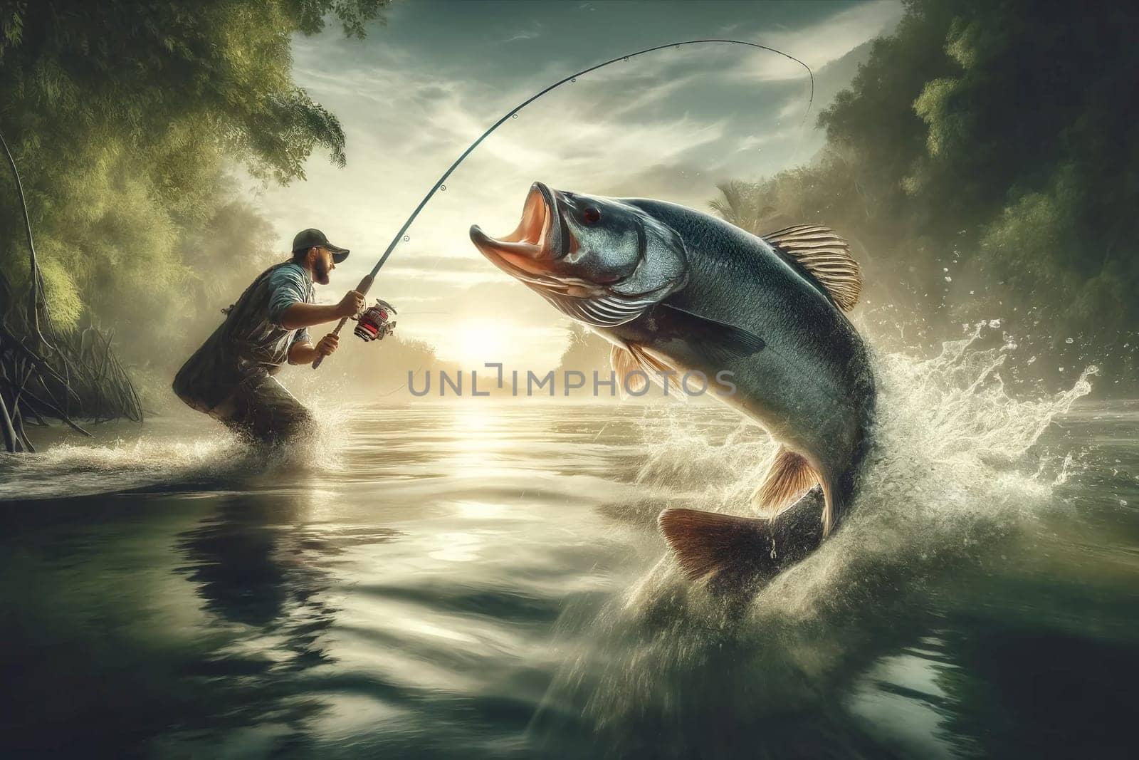 fisherman catching a large fish in a river at sunrise.