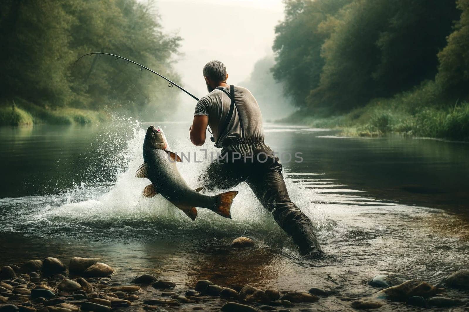 fisherman catching a large fish in a river at sunrise by Annado