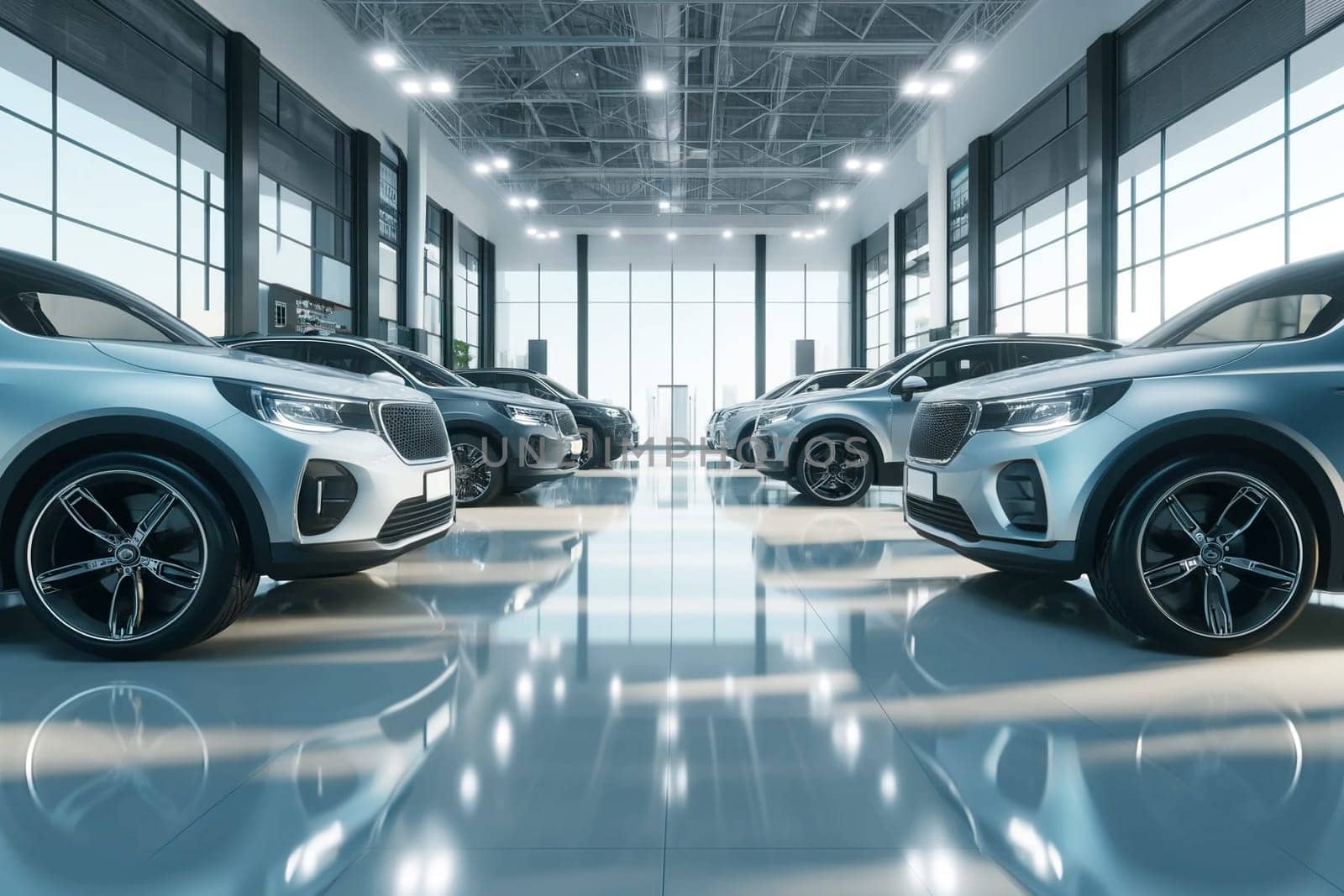new cars in a large car showroom.