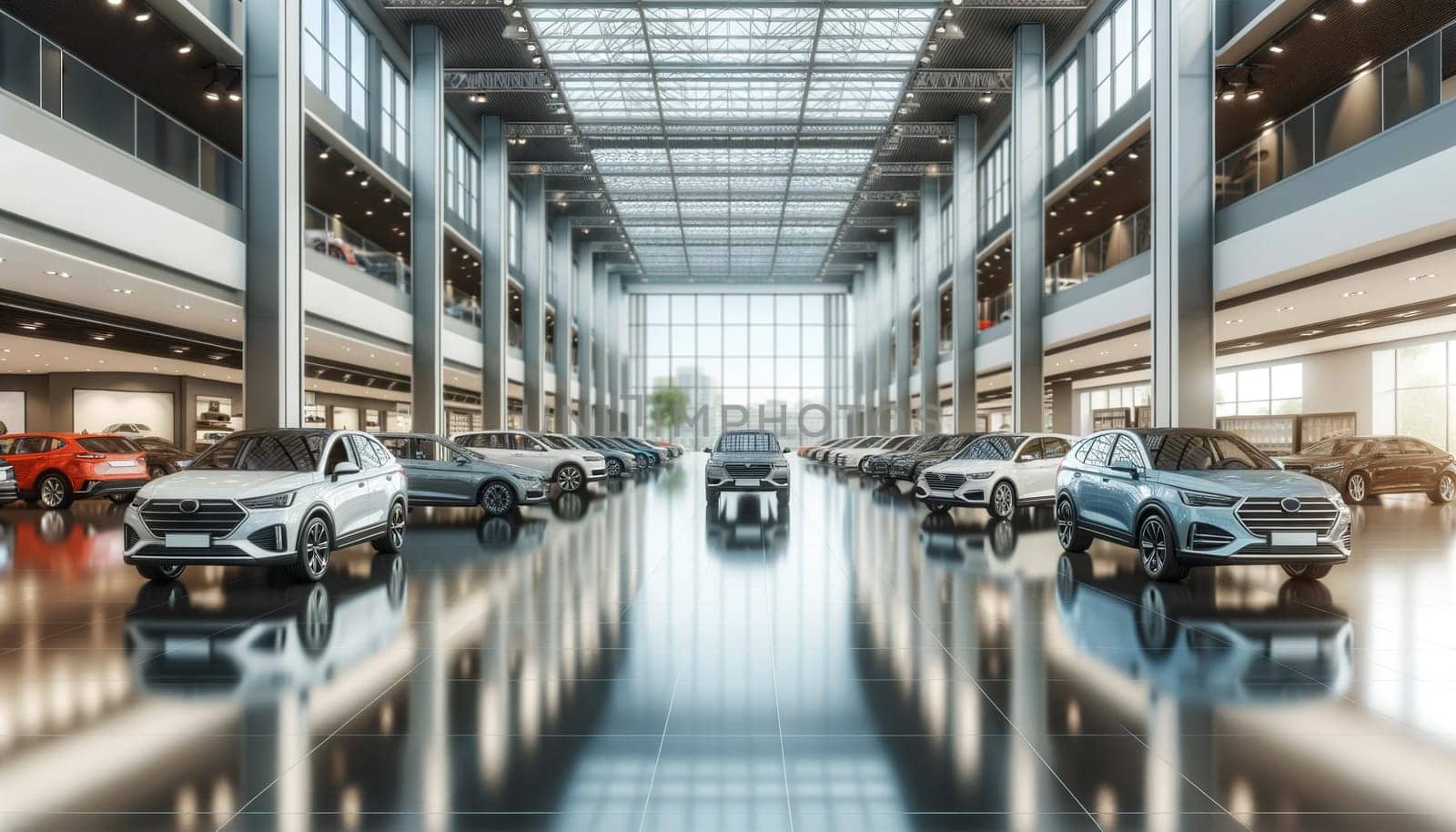 new cars in a large two-story car showroom.