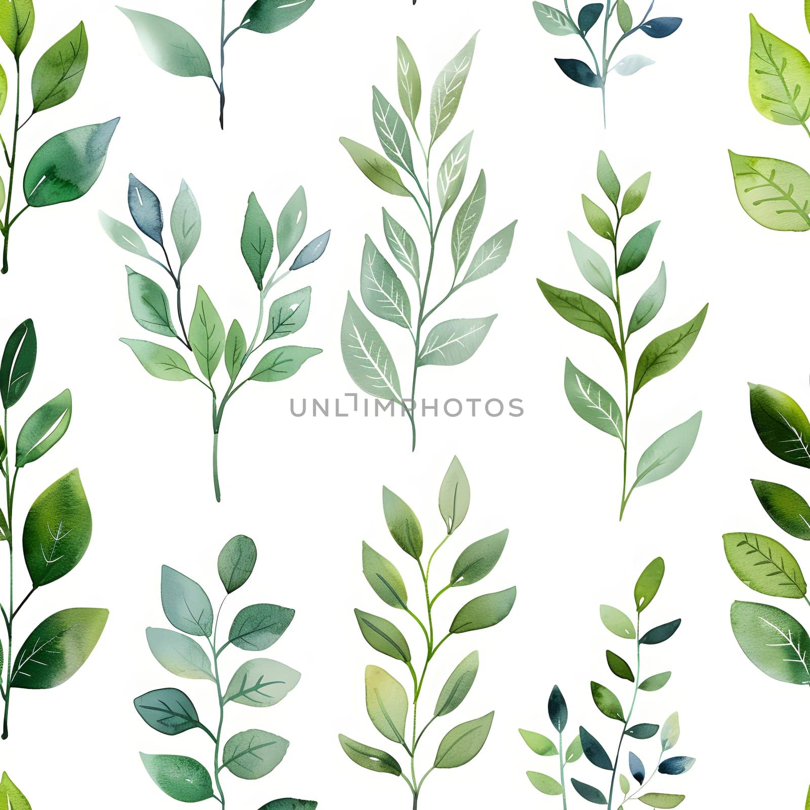 An elegant seamless pattern featuring green leaves on a white background, showcasing the beauty and intricacy of botanical art. This design is perfect for lovers of plants, leaves, and nature