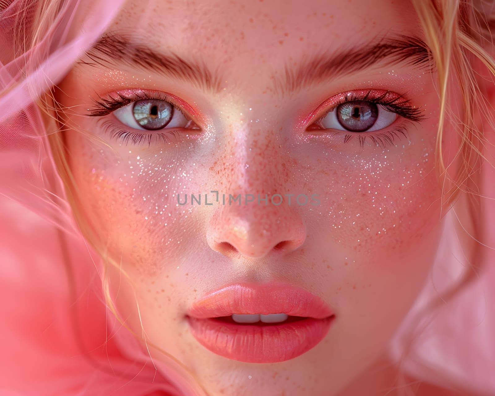 a close up of a woman s face with pink makeup and freckles by Nadtochiy