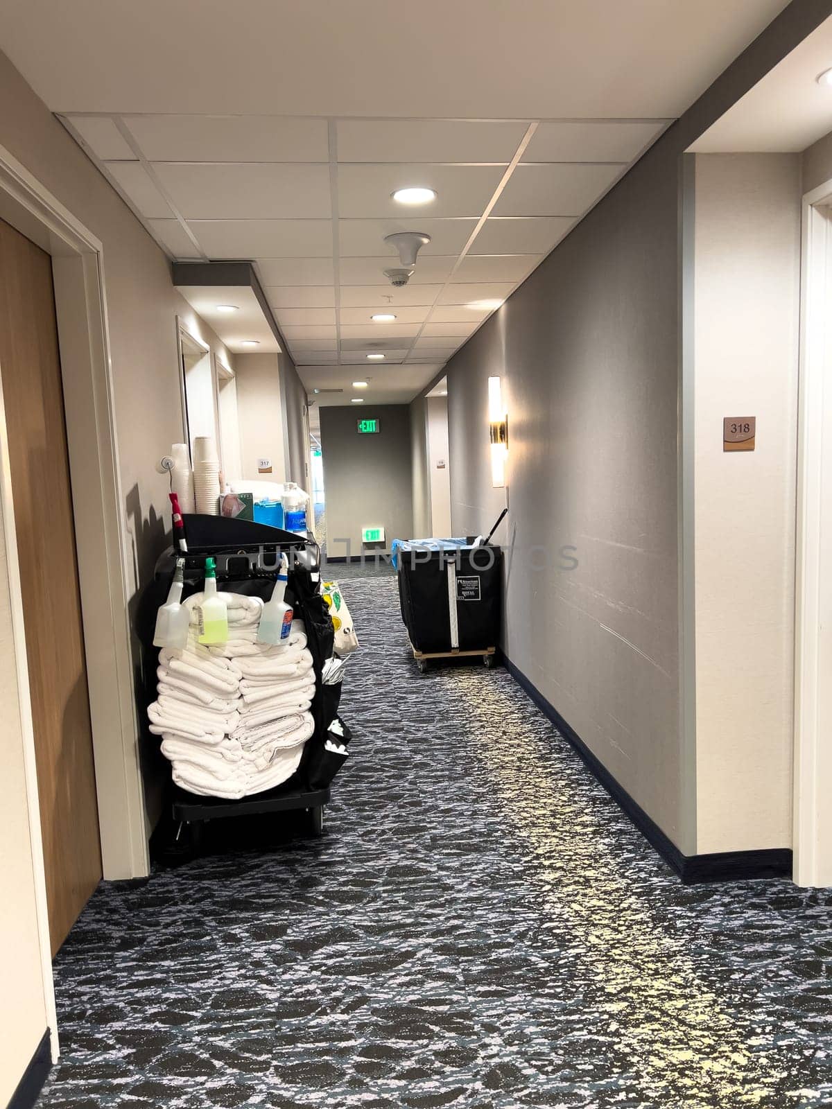 Ft. Collins, Colorado, USA-April 6, 2024-Experience our meticulous cleaning service in the hotel hallway, guaranteeing a pristine and inviting atmosphere for guests. We prioritize cleanliness and comfort for a memorable stay.