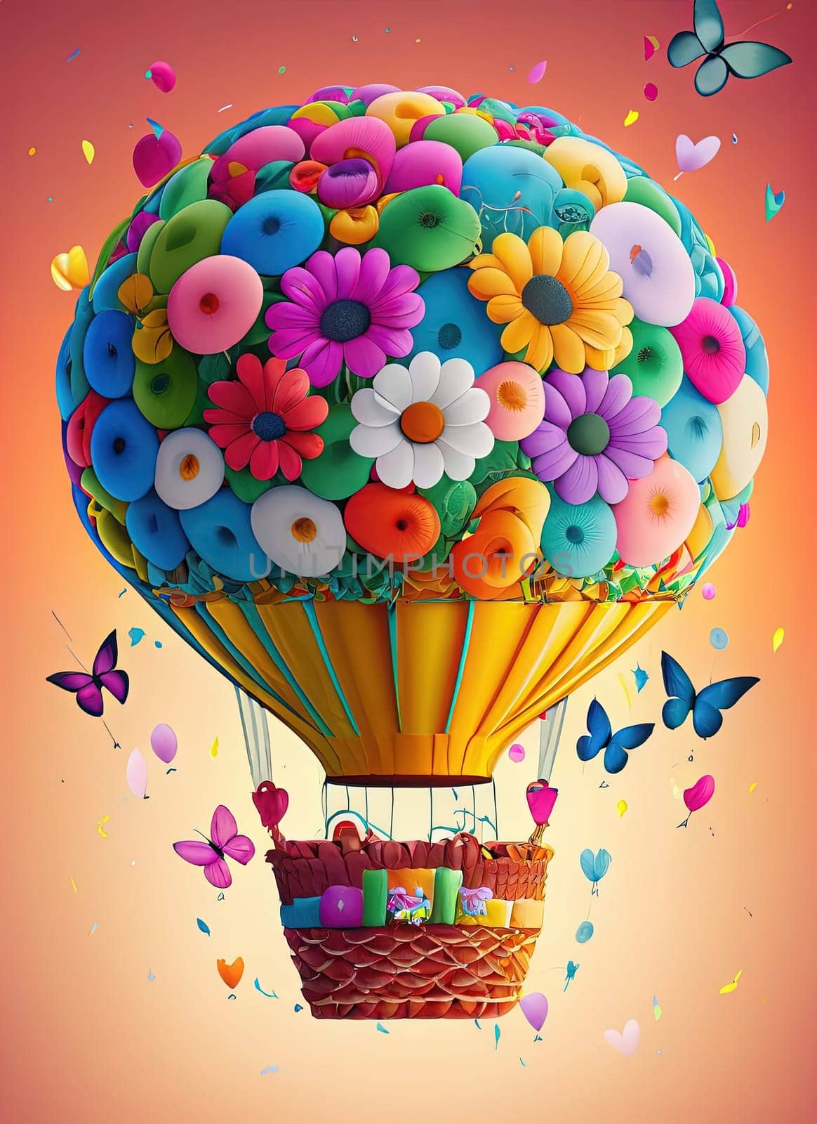 Colorful hot air balloon with flowers and butterflies. 3D illustration. by Waseem-Creations