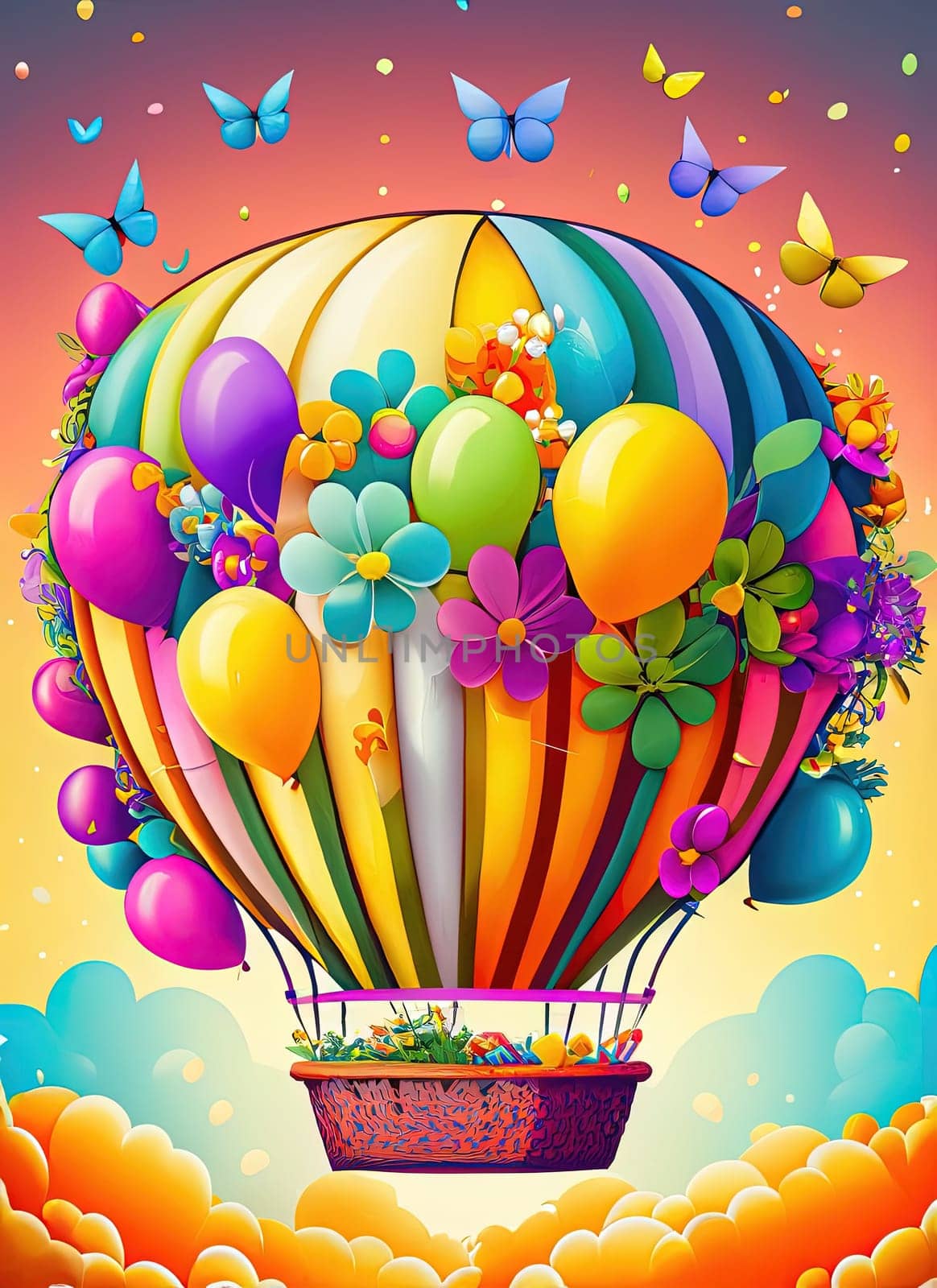 Colorful hot air balloon with flowers and butterflies. 3D illustration. Generative AI.