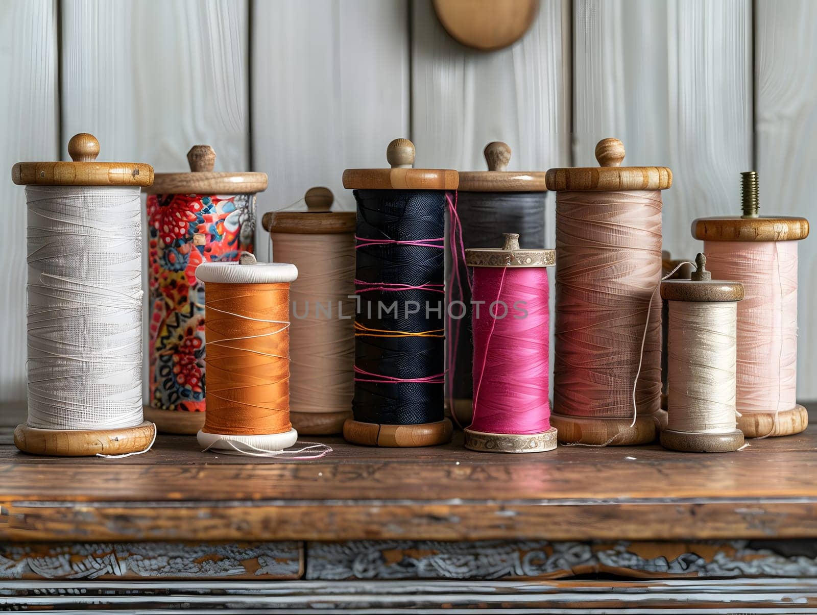 Multiple spools of thread in various colors are neatly arranged on a wooden table. The rich wood stain enhances the beauty of the display, creating a visually appealing fashion accessory