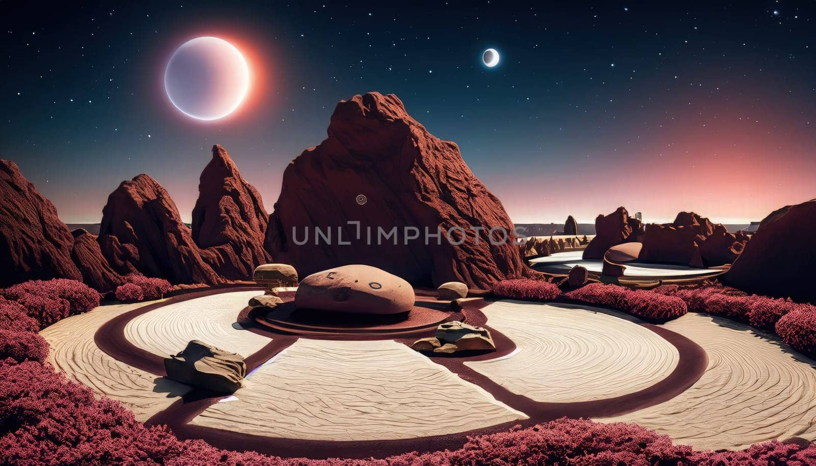 Alien Planet - 3D Rendered Computer Artwork. Rocks and Moon. Generative AI.