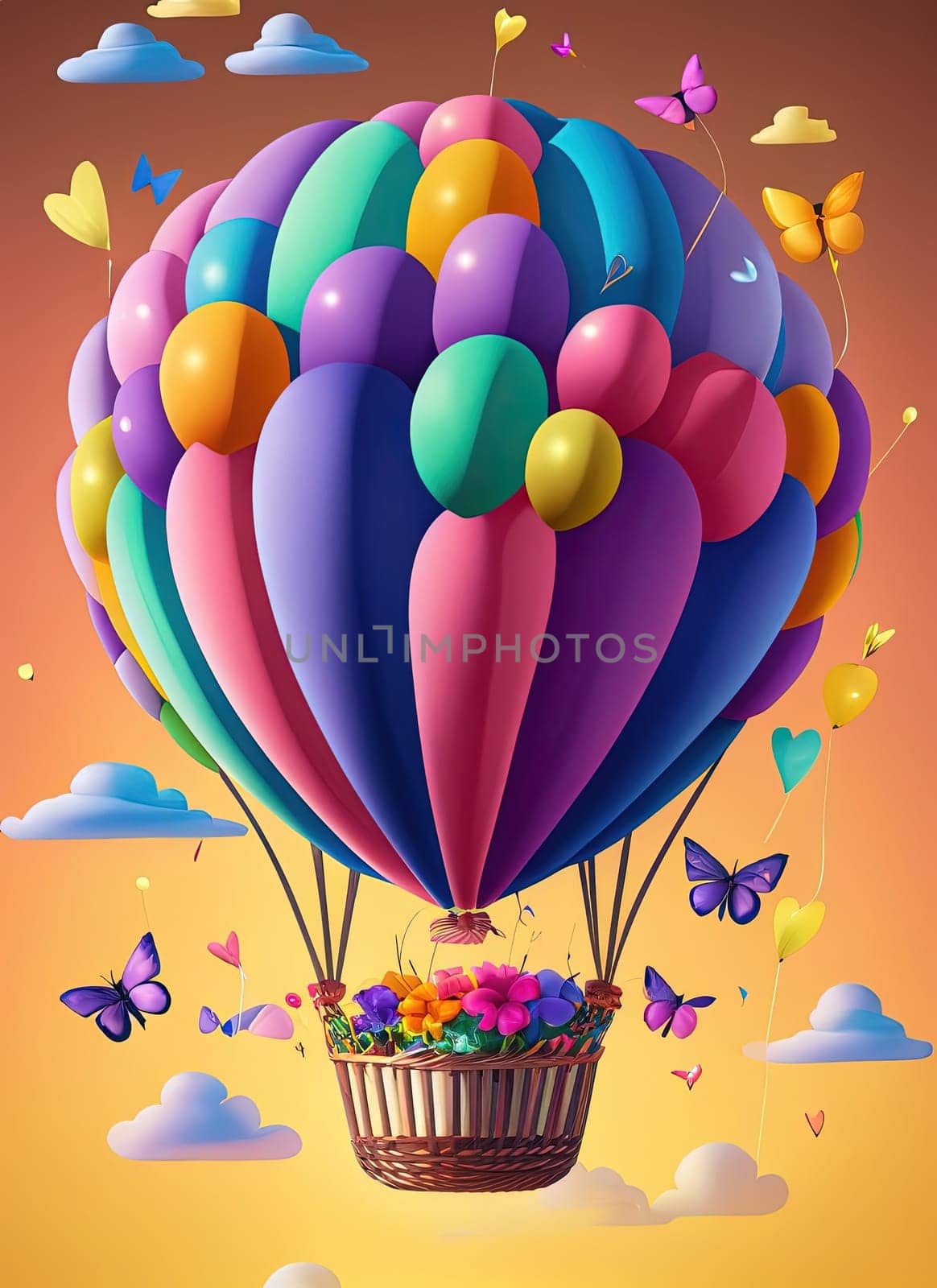 Hot air balloon with basket full of colorful candies and butterflies. 3D illustration. by Waseem-Creations