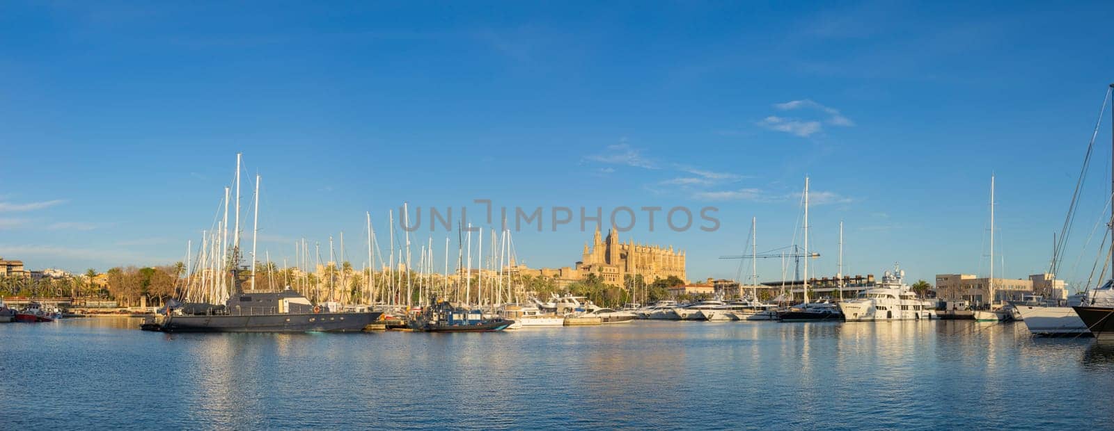 The historic Mallorca Cathedral stands tall behind the serene Palma Bay filled with elegant yachts