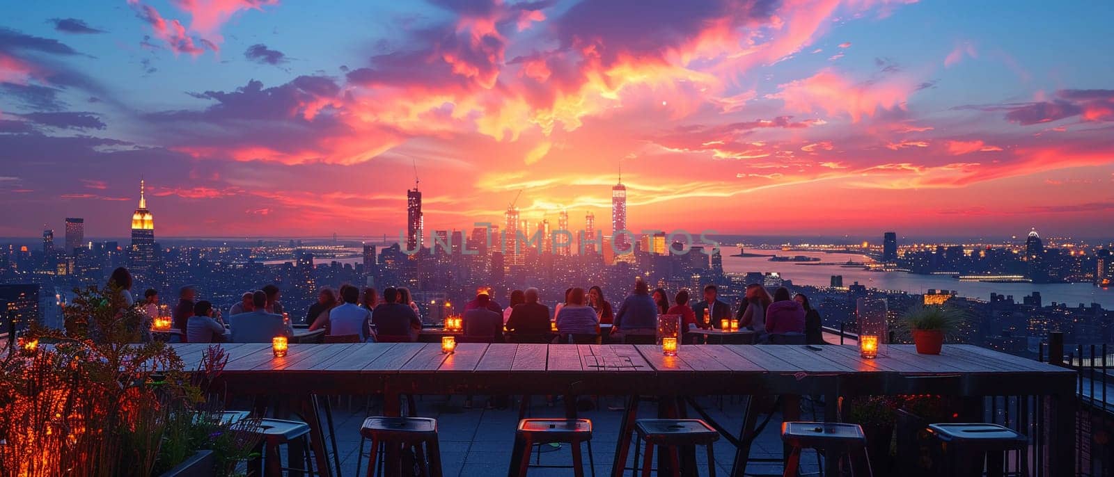 Casual Rooftop Party with City Views and Friends Gathering, The soft lights and distant skyline suggest the relaxed ambiance of social connections.