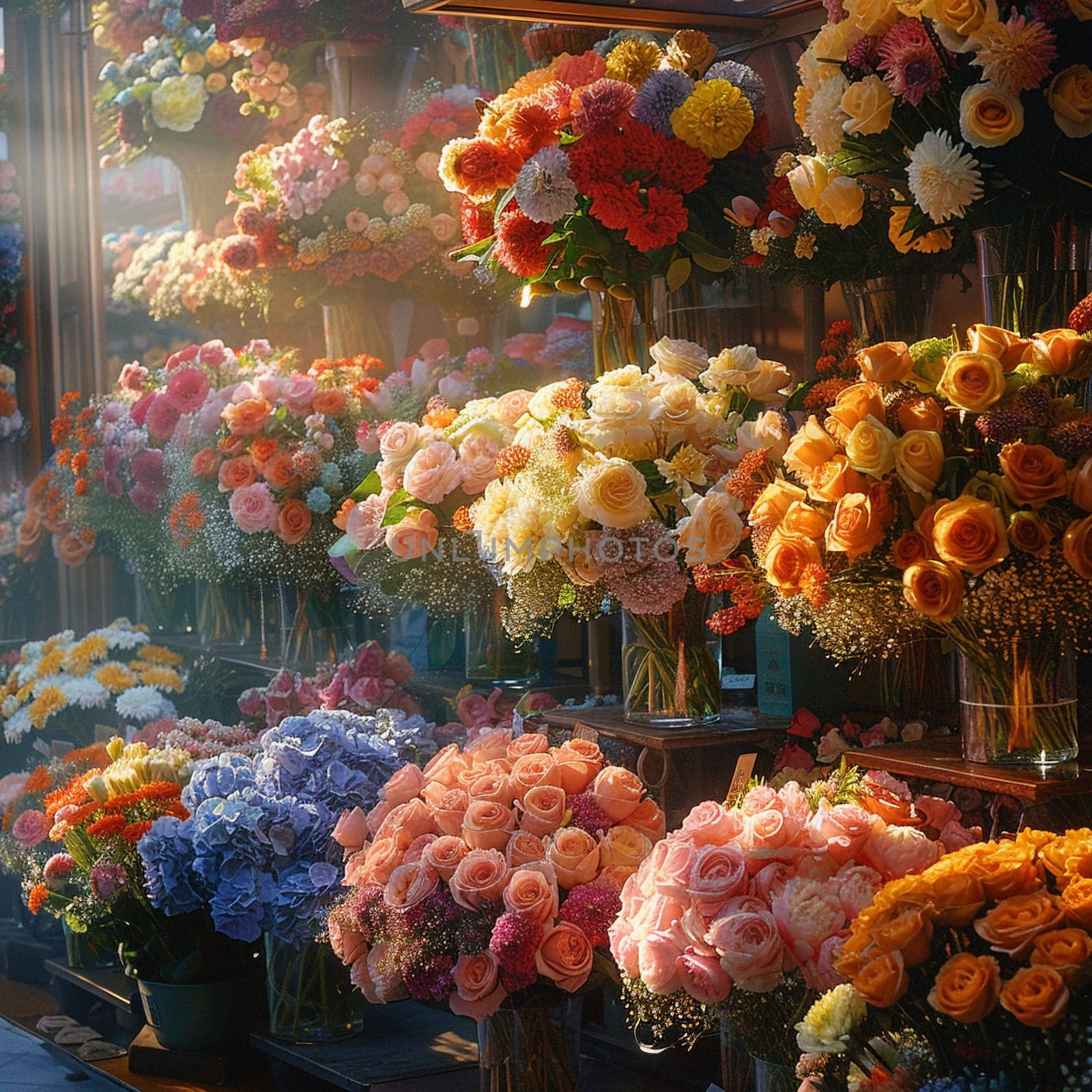 Cheerful Flower Shop Bursting with Colorful Arrangements for Sale, The soft focus on blooms suggests the fragrance and beauty of floral artistry.