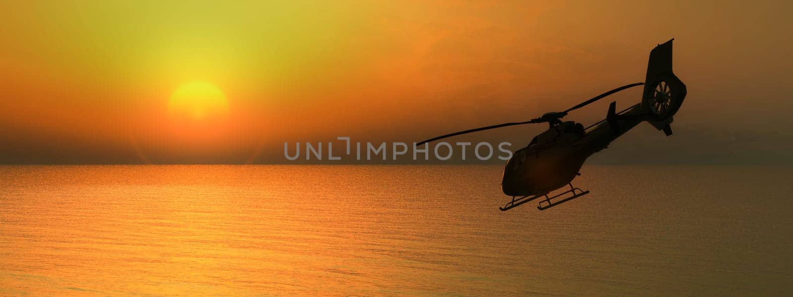 A 3D-rendered helicopter silhouette against a stunning ocean sunset, creating a scene of peaceful motion