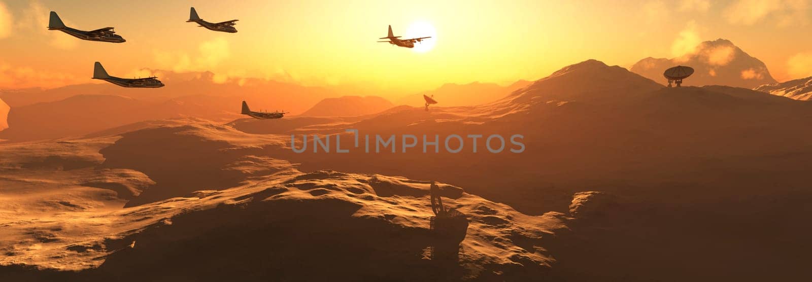 A fleet of planes casts shadows over undulating dunes in the soft light of the setting sun