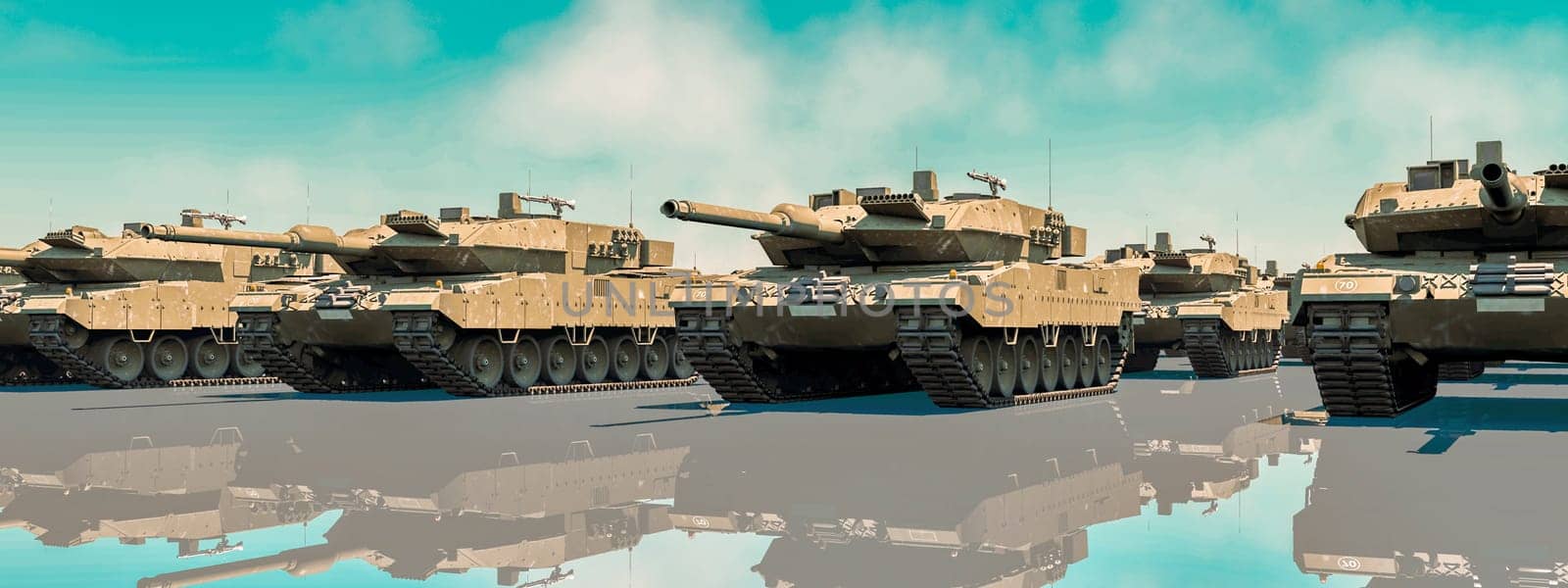 A formidable array of tanks displays military power, mirrored on a glossy surface beneath a clear sky